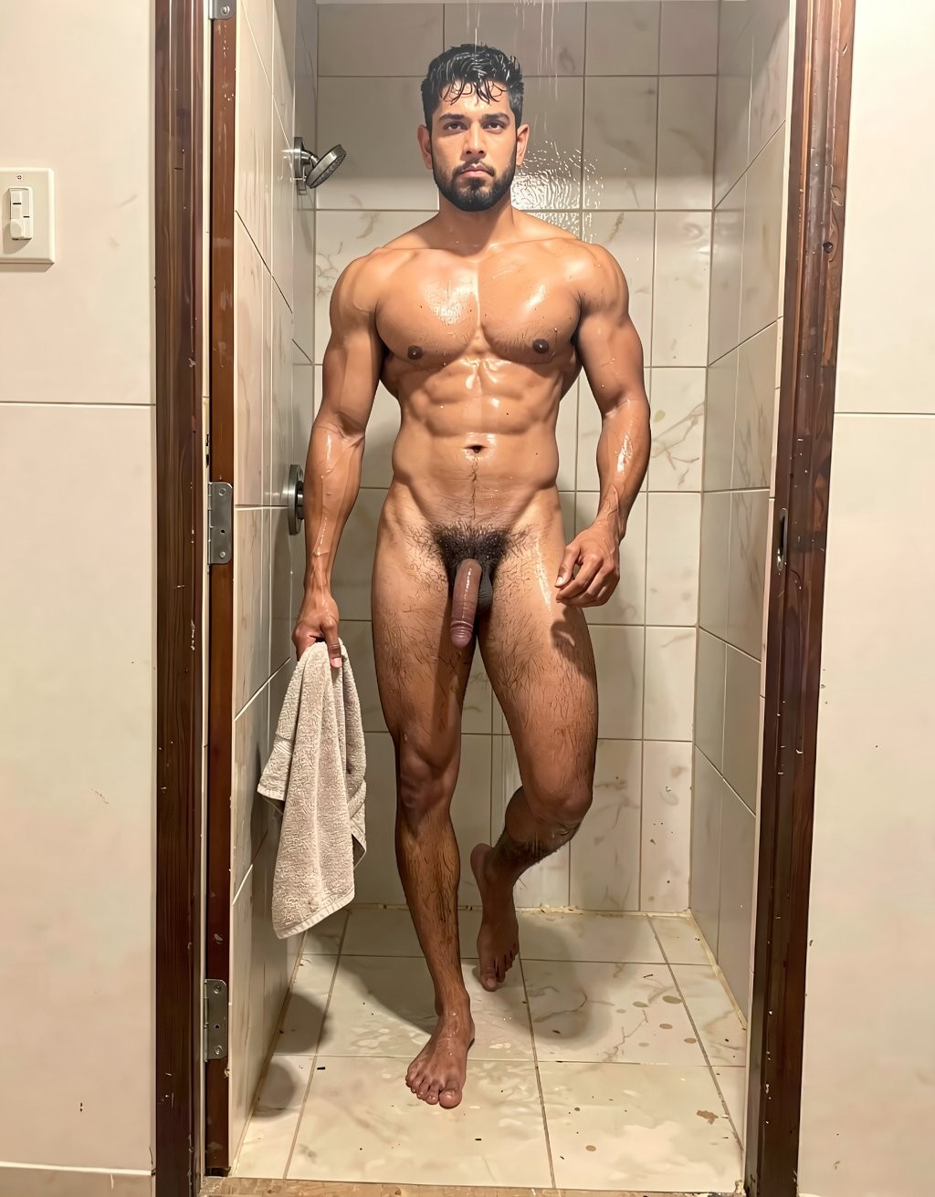 Naked man with a very muscular build posing standing under the shower, with a wet and shiny body, defined abs, defined chest, strong arms, and athletic legs. He is facing the camera inside a narrow bathroom with light tiles, a dark wooden screen or frame, and a wet tiled floor; he holds a beige towel in one hand while maintaining a firm and direct posture. He has wet dark hair, a trimmed beard, and a serious expression. Body hair is visible on his chest, abdomen, pubic area, and legs, and the penis is exposed frontally in the center of the composition.