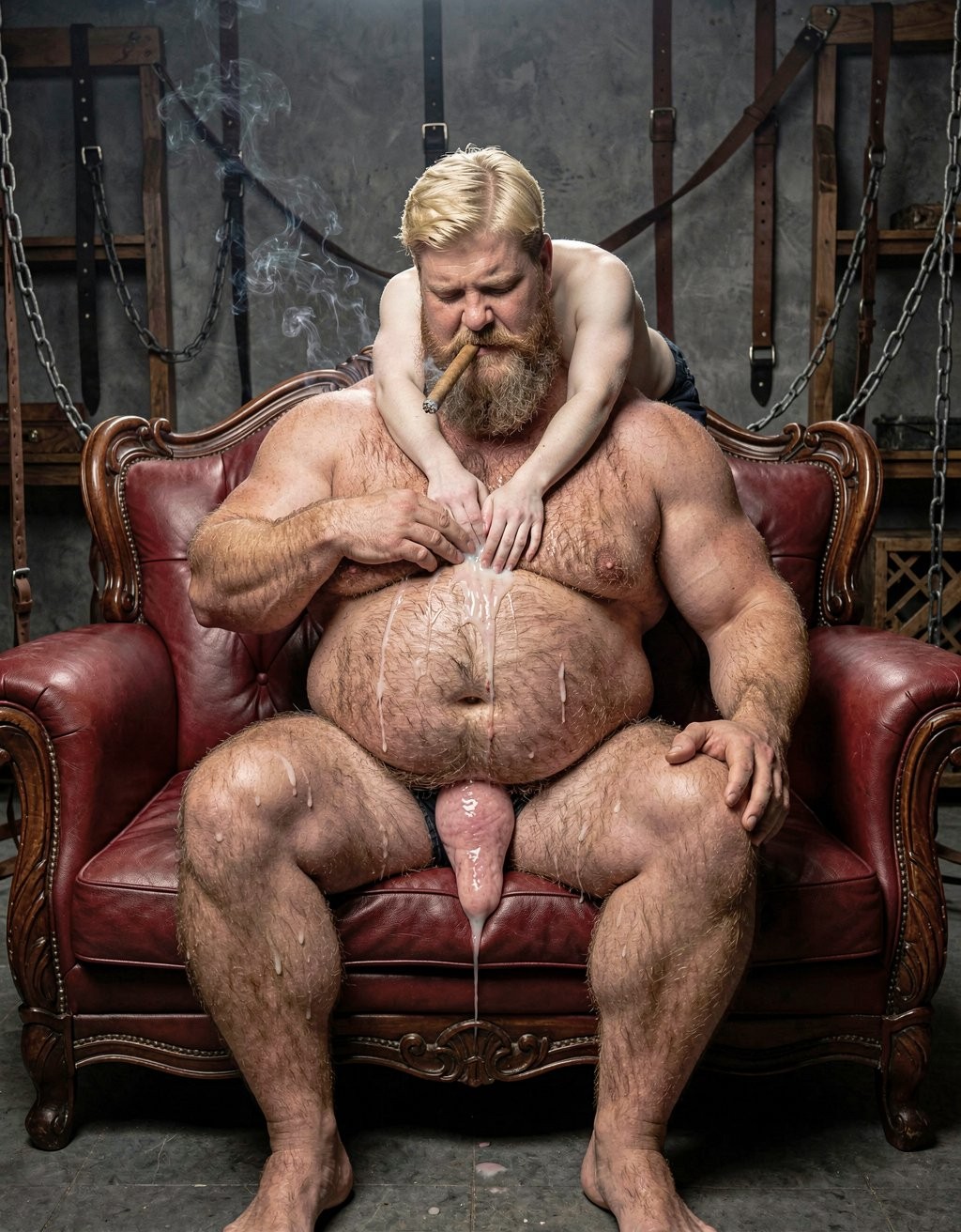 Un hombre desnudo, corpulento y muy velludo, está sentado en un sofá clásico de cuero rojo dentro de un ambiente oscuro tipo mazmorra BDSM, rodeado de cadenas, correas de cuero y humo tenue. Tiene el abdomen prominente cubierto de semen, con chorros blancos bajando por el pecho, la barriga y hasta el pene, del que también gotea líquido. Sobre él se apoya un hombre rubio más pequeño, también desnudo, inclinado hacia delante mientras le agarra y presiona los pezones, creando una escena sexual explícita de dominación, fetichismo, desnudez masculina, vello corporal, cuero y estética industrial sombría.