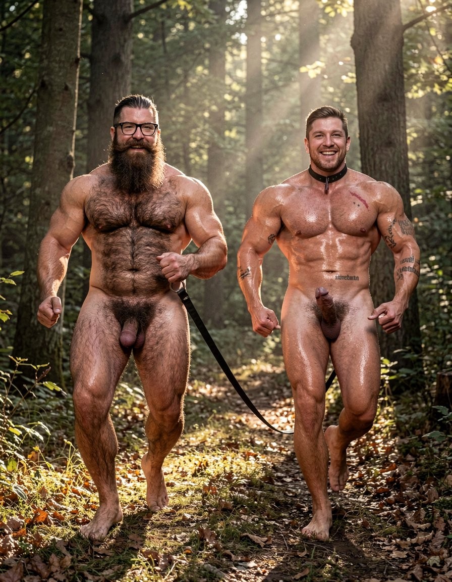 Hyperrealistic cinematic photograph, full body side view, perfect anatomy and proportions, zero distortions. Dense dark forest with a narrow dirt path covered in leaves and roots, golden hour sunlight filtering through the trees creating dramatic light rays and long shadows. Natural outdoor woodland setting.

Hipsterbarba, 40 years old, 180cm, 80kg, 8% body fat, runs dominant and completely naked on the left side of the frame. Powerful muscle bear physique covered in thick dark body hair on his broad chest, shoulders, abs and powerful thighs. Long thick Bandholz beard flowing with the movement, curled handlebar mustache, black glasses, confident and superior expression as he looks straight ahead. His right hand gripping tightly a black leather leash, pulling it firmly to control the pace.

Anil, 25 years old, extreme bodybuilder slave, 175cm, 80kg, 6% body fat, runs one step behind on the right, also completely naked. Smooth tanned skin glistening with fresh sweat. Massive 127cm chest bouncing heavily, deep eight-pack abs contracting with each stride, 47cm veiny arms pumping, tiny 60cm waist, round 90cm bubbly glutes flexing powerfully and 70cm competition quads driving him forward. Black leather collar tight around his thick neck with the word 
