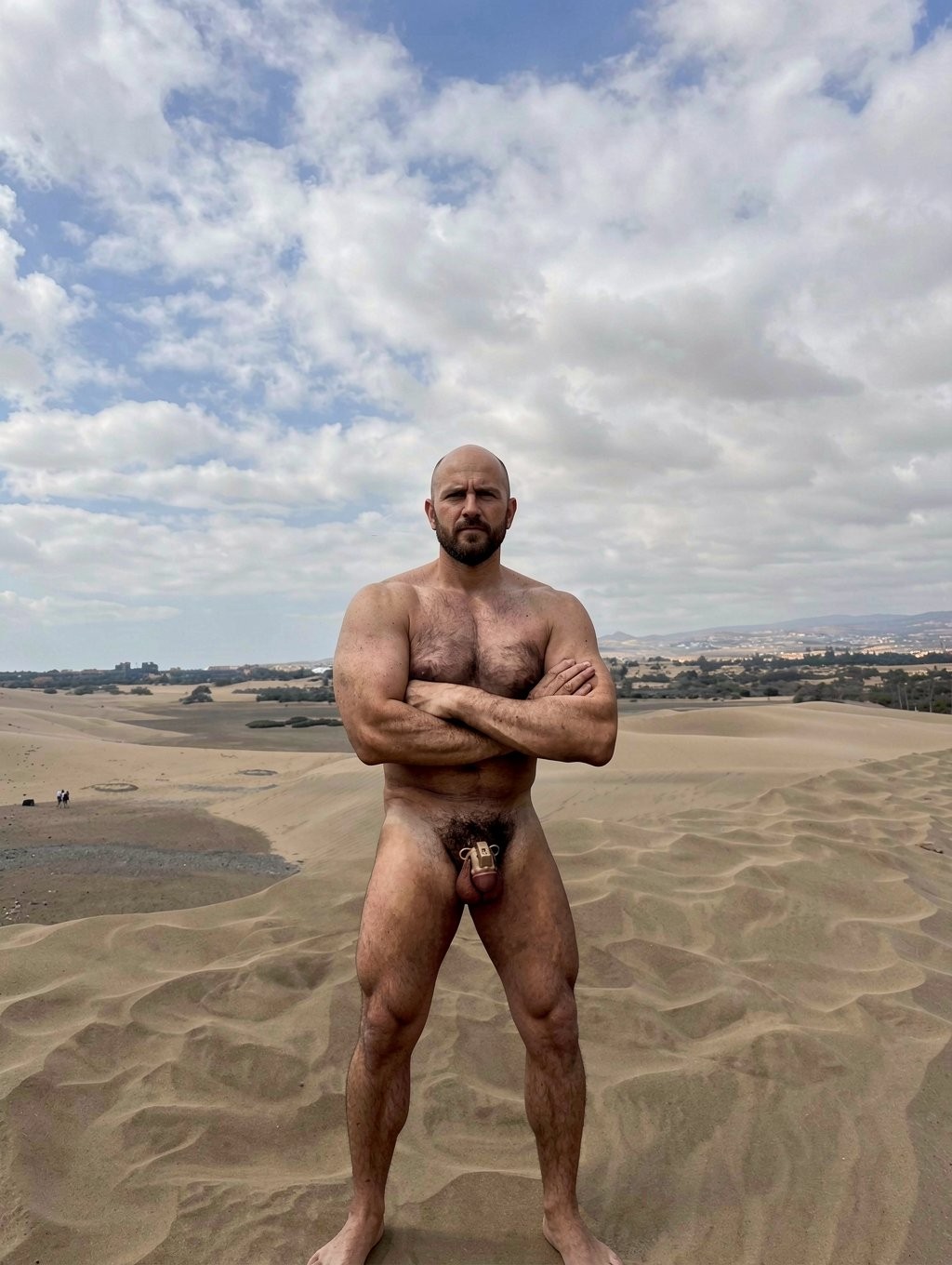 Un hombre desnudo, calvo y con barba, posa de pie sobre unas dunas de arena con los brazos cruzados y una expresión seria, mirando directamente al frente. Su cuerpo musculoso y velludo aparece completamente descubierto, con el pene visible entre las piernas, mientras permanece descalzo sobre la superficie arenosa. El entorno es un paisaje desértico amplio, con ondulaciones marcadas en la arena, zonas más oscuras de terreno y algunas figuras lejanas apenas perceptibles. Al fondo se aprecia una línea de vegetación y construcciones dispersas bajo un cielo grande, parcialmente nublado, que aporta una luz natural suave a la escena.