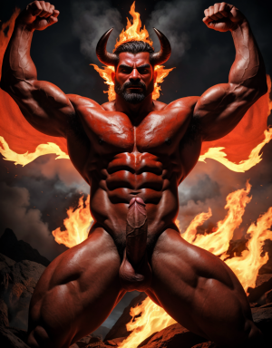 Diablo Satanás desnudo, pene grande:1.5, testículos oscuros:1.2, vello corporal abundante:1.1, bronceado:1, alas negras y rojas oscuras:1.3, brazos hacia arriba, implorando rayos y fuego, ojos rojos grandes:1.2, barba:1, delgado, testículos visibles:1.1, ano expuesto:1, rodeado de llamas y humo:1.2, chorro de fuego rojo en pene erecto:1.5, torso de toro musculoso:1.2. Tiene fuego en su ano y tiene mucho fuego en sus testículos.
