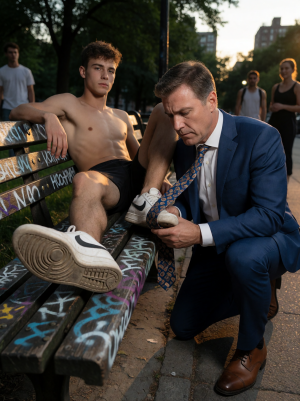 Un joven sin camiseta y con pantalón corto negro descansa recostado en un banco de parque cubierto de grafitis, con una pierna estirada hacia la cámara y una zapatilla blanca de suela gruesa en primer plano, mientras otra pierna queda apoyada cerca de un hombre arrodillado. El hombre, vestido con traje azul, camisa blanca, corbata estampada y zapatos marrones, se concentra en ajustar o atar la zapatilla del joven con gesto serio. La escena transcurre al atardecer en un entorno urbano con árboles, farolas y edificios al fondo, donde varias personas observan desde cierta distancia, creando una atmósfera extraña, tensa y teatral entre elegancia formal, juventud casual y espacio público deteriorado.