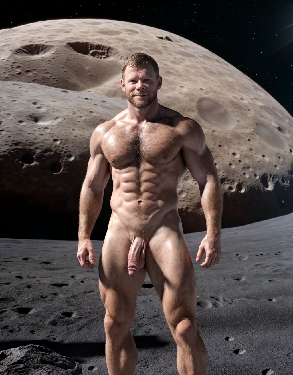 Neil Armstrong desnudo totalmente desnudo. Tiene el pecho con vello y brazos con vello. Está totalmente desnudo de pie y pisando el suelo Lunar. Está musculoso. Tiene pene grande erecto. Tiene testículos grandes. Tiene mucho vello y pelo. Foto muy realista texturas 8k. 