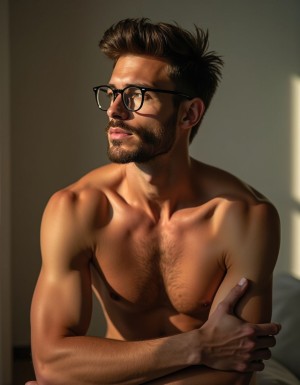 Un joven de 40 años, con una altura de 165 cm, posee un cuerpo atlético y tonificado, completamente desnudo, mostrando su piel suave y bronceada. Sus ojos expresan una inocencia y pureza, realzados por el uso de lentes que le dan un toque intelectual y sensible. La luz suave y cálida resalta cada curva y músculo de su cuerpo, destacando su juventud y vitalidad. Con una postura relajada y natural, el joven twink parece perdido en sus pensamientos, ajeno a la mirada del observador, mientras su desnudez expone su belleza sin inhibiciones, permitiendo apreciar cada detalle de su anatomía y en su rostro su barba intelectual. La imagen es hiperrealista, con detalles de alta calidad que invitan a explorar cada centímetro de su cuerpo, desde la suave textura de su piel hasta la definición de sus músculos, creando una sensación de intimidad y conexión con el sujeto.