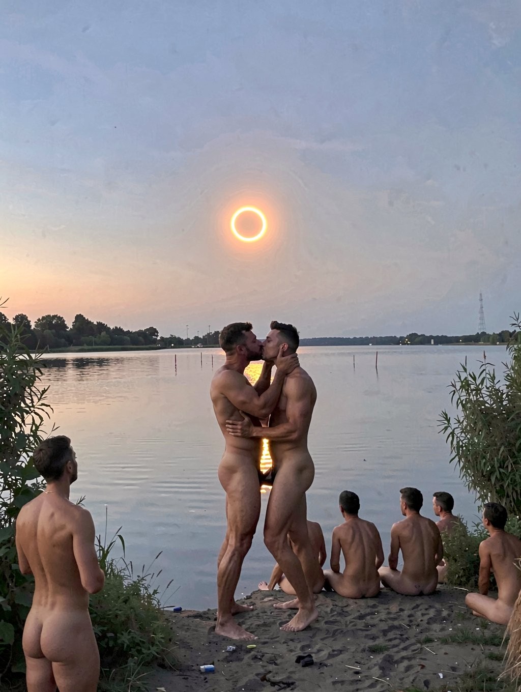 Two naked men kiss standing on the shore of a lake at dusk, embracing tenderly as the sun's reflection falls between their bodies on the calm water. On the horizon an annular solar eclipse appears, with an intense luminous ring surrounded by grayish-blue sky and warm tones. Around them, several naked people rest sitting or standing on the small sandy beach, among riparian vegetation, reeds and shrubs. The scene conveys a naturist, intimate and serene atmosphere, with bodies outdoors, calm water, human silhouettes and a contemplative lakeside landscape.