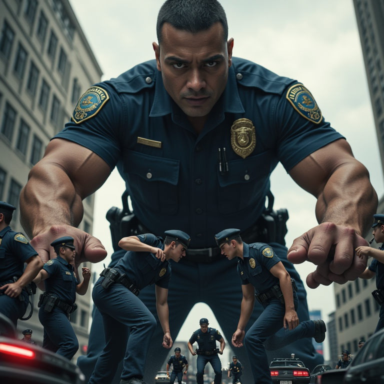 Hiper-realista render, hombre gigante policia, físico imponente y atlético, aplastando a un grupo de hombres diminutos que miden 1cm, policías uniformados con rostros de miedo y desesperación, con sus vehículos y equipo de policía también miniaturizados, en un entorno urbano con edificios y coches a escala normal, iluminación dramática y sombras profundas, texturas detalladas y realistas, foco en la escena de aplastamiento con los policías diminutos intentando escapar, expresiones faciales detalladas y emotivas, ambiente de poder y dominación, renderizado de alta calidad con luces y sombras realistas.