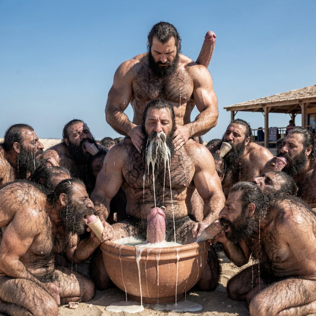 A hyperrealistic and extremely detailed photograph taken at high noon on the nudist beach of El Playazo, Vera Playa, Almería, with intense golden sunlight and perfect cinematic lighting. Every single man has transformed into an exaggerated superhuman muscle bear. Hipsterbarba is in the center on his knees in front of the clay bowl, aggressively drinking directly from the source of thick white cum. His body is now monstrously muscular: ultra-defined ten-pack, enormous striated pectorals the size of armor plates, ridiculously huge shoulders and traps, arms thicker than most men's thighs with veins bulging like ropes, and powerful tree-trunk legs covered in an extremely dense black pelt. His body hair has grown wildly thick and dark across his entire torso, shoulders, back, abs and legs. His legendary Bandholz beard is now even longer, completely soaked and dripping with thick white cum as it hangs heavy inside the bowl. His massive erect cock throbs hard between his legs, thick, veiny and leaking precum onto the sand. The dominant 40-year-old superhuman stands right behind him gripping the back of Hipsterbarba’s head and pushing his face deeper into the bowl, his own colossal hairy muscular body fully exposed with a huge erect cock. Dozens of other transformed superhuman muscle bears aged 30 to 55 kneel or lean around the bowl, all drinking desperately from it or from full cups, heads tilted back or buried in the liquid. Their bodies are extremely muscular and covered in hyper-dense black body hair, all cocks fully erect and throbbing. Thick white cum drips heavily from beards, chins, massive hairy chests and down their abs. Sweat and semen glisten on the absurd amounts of body hair. Bright sunlight creates strong highlights on every swollen muscle fiber, thick wet hair, bulging veins and the milky mess inside the bowl. The chiringuito El Pirata stands visible in the background under a cloudless blue sky. Extreme photorealistic detail on every exaggerated muscle, hyper-dense body hair texture, drunken powerful expressions and the raw, explicit public scene of a group of naked transformed superhuman muscle bears competing to drink the most cum to become the king.