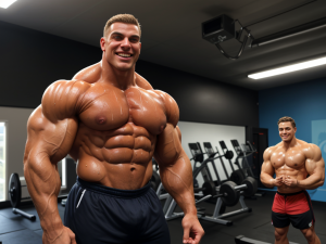 Hombre culturista gigante, musculoso, exhibiendo sus enormes músculos, sonriendo, con un admirador detrás, observando con admiración, ambos en un gimnasio moderno, con equipamiento de entrenamiento al fondo, iluminación brillante, piel bronceada y sudorosa, pose provocativa y sensual.