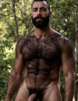 PEDRO es un hombre muy macho, delgado pero con músculos muy fuertes y está de pie. Siempre tiene su polla erecta,

PEDRO tiene una cara geométrica masculina brutal, tiene la estructura ósea de un tío mediterráneo: pómulos altos y anchos que le marcan sombras naturales bajo los ojos, mandíbula cuadrada que se extiende hasta unas líneas angulares perfectas antes de llegar a la barbilla, tiene la barbilla prominente con un hoyuelo central, firme como un puño cerrado, es una cara construida para imponer respeto.

PEDRO tiene ojos oscuros, de color marrón profundo oscuro y están ligeramente hundidos bajo un arco supraciliar marcado que les da una sombra de depredador en reposo, tiene cejas gruesas, densas y oscuras, casi rectas con una ligera curva natural, sin arreglar, tiene los párpados entornados, tiene mirada de evaluación constante, tiene las pestañas sorprendentemente espesas y largas y negras.

Pedro tiene nariz proporcionada a la cara, con el puente recto en forma clásica griega con la punta ligeramente redondeada y las aletas nasales expandidas, es una nariz que le da carácter, que completa esa cara de gladiador retirado.

PEDRO tiene orejas de tamaño medio, pegadas al cráneo, casi ocultas por el pelo rizado que le cae a los lados, los lóbulos de las orejas son carnosos, las orejas de Pedro están exactamente donde tienen que estar, discretas, funcionales, proporcionadas al tamaño de su cabeza.

PEDRO tiene bigote, su bigote es un mostacho denso, espeso, de pelo negro azabache que le cubre todo el labio superior con una generosidad obscena, el bigote es abundante desde la base, con los pelos apretados unos contra otros formando una masa compacta que se extiende más allá de las comisuras de los labios y cae ligeramente hacia abajo en los extremos de la boca estilo morsa, el bigote tiene un acabado salvaje, cuando Pedro abre la boca, el labio superior desaparece completamente bajo su bigote cómo si fuera una cortina de pelo oscuro. Pedro tiene barba afeitada y limpia.

PEDRO tiene pelo negro intenso, rizado, con volumen considerable, el pelo cae en ondas gruesas y desordenadas hacia los lados y hacia atrás, con textura natural de pelo mediterráneo denso y rebelde, el pelo de Pedro tiene brillo aceitoso de pelo sano, el nacimiento del pelo es recto y bajo, lo que le da una frente proporcionada pero no demasiado amplia, es pelo de tío macho.

PEDRO tiene cuello cuyos esternocleidomastoideos están marcados y tensos a cada lado en forma de V invertida que conecta la mandíbula con las clavículas, es un cuello de toro, corto en proporción y musculado, el cuello de Pedro tiene 