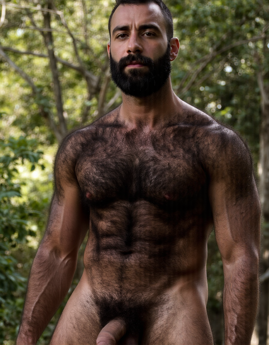 PEDRO es un hombre muy macho, delgado pero con músculos muy fuertes y está de pie. Siempre tiene su polla erecta,

PEDRO tiene una cara geométrica masculina brutal, tiene la estructura ósea de un tío mediterráneo: pómulos altos y anchos que le marcan sombras naturales bajo los ojos, mandíbula cuadrada que se extiende hasta unas líneas angulares perfectas antes de llegar a la barbilla, tiene la barbilla prominente con un hoyuelo central, firme como un puño cerrado, es una cara construida para imponer respeto.

PEDRO tiene ojos oscuros, de color marrón profundo oscuro y están ligeramente hundidos bajo un arco supraciliar marcado que les da una sombra de depredador en reposo, tiene cejas gruesas, densas y oscuras, casi rectas con una ligera curva natural, sin arreglar, tiene los párpados entornados, tiene mirada de evaluación constante, tiene las pestañas sorprendentemente espesas y largas y negras.

Pedro tiene nariz proporcionada a la cara, con el puente recto en forma clásica griega con la punta ligeramente redondeada y las aletas nasales expandidas, es una nariz que le da carácter, que completa esa cara de gladiador retirado.

PEDRO tiene orejas de tamaño medio, pegadas al cráneo, casi ocultas por el pelo rizado que le cae a los lados, los lóbulos de las orejas son carnosos, las orejas de Pedro están exactamente donde tienen que estar, discretas, funcionales, proporcionadas al tamaño de su cabeza.

PEDRO tiene bigote, su bigote es un mostacho denso, espeso, de pelo negro azabache que le cubre todo el labio superior con una generosidad obscena, el bigote es abundante desde la base, con los pelos apretados unos contra otros formando una masa compacta que se extiende más allá de las comisuras de los labios y cae ligeramente hacia abajo en los extremos de la boca estilo morsa, el bigote tiene un acabado salvaje, cuando Pedro abre la boca, el labio superior desaparece completamente bajo su bigote cómo si fuera una cortina de pelo oscuro. Pedro tiene barba afeitada y limpia.

PEDRO tiene pelo negro intenso, rizado, con volumen considerable, el pelo cae en ondas gruesas y desordenadas hacia los lados y hacia atrás, con textura natural de pelo mediterráneo denso y rebelde, el pelo de Pedro tiene brillo aceitoso de pelo sano, el nacimiento del pelo es recto y bajo, lo que le da una frente proporcionada pero no demasiado amplia, es pelo de tío macho.

PEDRO tiene cuello cuyos esternocleidomastoideos están marcados y tensos a cada lado en forma de V invertida que conecta la mandíbula con las clavículas, es un cuello de toro, corto en proporción y musculado, el cuello de Pedro tiene 