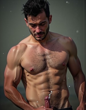 hoyuelo en barbilla, mentón hendido, el mentón está limpio y bien afeitado, NO BARBA y NO BIGOTE, de una cara masculina de un hombre muy viril y musculoso y guapo y sexi de 40 años que tiene mandíbula fuerte y cuadrada, destacando una fisura vertical marcada en el centro del mentón que es el hoyuelo. La cara es de un hombre español musculoso culturista, torso desnudo, constitución corporal extremadamente desarrollada escultural, boca cerrada en sonrisa torcida arrogante burlona, labios carnosos, ojos verdes claro profundos con mirada penetrante directa a cámara cargada de cinismo y dominancia, cejas pobladas densas, cabello denso despeinado hacia atrás en copete desordenado con mechones rebeldes cayendo sobre frente y sienes mostrando textura natural sin producto, cuello musculoso con nuez prominente visible, trapecios enormes elevados como montañas a ambos lados del cuello, pecho descomunal con pectorales gigantescos separados con hendidura profunda central cada fibra muscular visible bajo piel bronceada cubiertos completamente por alfombra densa de vello negro formando manto tupido salvaje sobre toda la superficie con pezones oscuros erectos asomando entre pelaje espeso, abdomen perfectamente esculpido en tableta de ocho secciones profundas con sombras dramáticas entre cada músculo, oblicuos cortados laterales, línea de vello negro denso descendiendo desde centro del pecho entre pectorales por esternón sobre cada abdominal hasta ombligo donde se ensancha formando trail oscuro salvaje continuando descendiendo, brazos con bíceps de gran tamaño con cabezas musculares divididas y venas gruesas azules serpenteando por toda superficie, tríceps marcados en herradura, deltoides esféricos estriados, antebrazos masivos cubiertos de vello negro denso con venas prominentes bajando hasta muñecas, dorsales anchos como alas creando V invertida brutal, piel clara ligeramente bronceada con poros visibles micro imperfecciones naturales lunares y marcas sutiles, vello corporal negro abundante cubriendo completamente pecho abdomen brazos antebrazos cuello en densidad natural masculina sin recortar, iluminación natural lateral dramática creando sombras duras acentuando cada músculo, fondo neutro desenfocado, estilo fotografía editorial cruda realista, grano fotográfico sutil, colores naturales intensos saturados. Está totalmente desnudo. Tiene un  pene erecto enorme de 35 centímetros de largo y muy grueso apuntando hacia arriba entre su cuerpo, venas gruesas pulsantes marcadas recorriendo todo el tronco de su pene, glande hinchado enorme brillante de color rojo púrpura, testículos extremadamente grandes gordos y pesados colgando muy abajo descolgados entre las piernas con piel arrugada tensa bajo el peso, el pene eyaculando activamente múltiples chorros gruesos abundantes de semen blanco espeso disparándose de la punta con fuerza, semen resbalando copiosamente por el glande y tronco formando hilos blancos espesos, gotas gruesas de semen cayendo entre su cuerpo. Tiene anillo de plata en el dedo hallux (primer dedo del pie) de sus pies. Crea imagen del personaje descrito de cuerpo entero desde los dedos de sus pies hasta su cabeza, todo el cuerpo desnudo a la vista de la cámara. Tiene sandalias en sus pies. Fotografía hiperrealista de ultra alta definición 8K plano lateral del cuerpo completo.