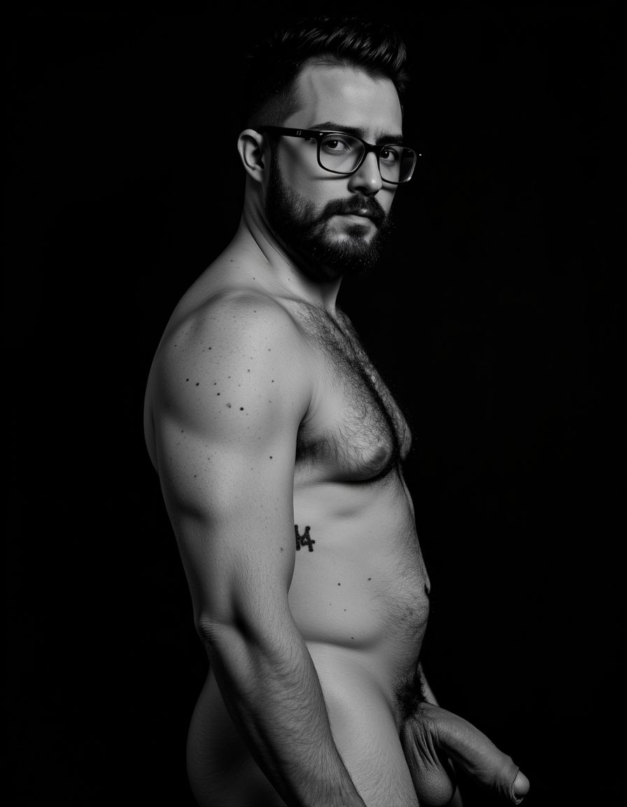 Fotografía hiperrealista en blanco y negro de un hombre adulto musculoso a la vista desde las rodillas para arriba hasta la cabeza, cuerpo muy delgado con musculación marcada y definida, rostro masculino, totalmente desnudo con polla erecta de treinta centímetros de longitud y ocho centímetros de diámetro, tiene rasgos marcados duros expresivos, barba densa poblada tupida oscura estilo hipster cubriendo completamente mandíbula mentón mejillas con grosor uniforme textura abundante muy definida, bigote denso tupido oscuro conectado perfectamente con la barba completa cubriendo completamente el labio superior, pelo oscuro medio peinado completamente recto hacia arriba con volumen considerable estilo hipster moderno quiff puntas verticales texturizadas hacia el cielo con altura prominente, cejas gruesas oscuras pobladas muy marcadas definidas, gafas de montura completa negra cuadradas grandes estilo hipster moderno sobre el puente de la nariz enmarcando unos ojos oscuros intensos que miran directamente a cámara con expresión seria penetrante confiada, expresión facial seria masculina sin sonrisa con mirada directa desafiante, pómulos marcados definidos angulares, nariz recta proporcionada, labios medios apenas visibles completamente cubiertos por bigote denso que conecta con la barba hipster completa, torso desnudo muy musculoso con pectorales enormes desarrollados y definidos, hombros anchos musculosos deltoide prominentes, brazos musculosos gruesos con bíceps y tríceps marcados visibles a ambos lados del cuerpo, abdomen tonificado marcado visible desde la cintura, piel con textura realista detallada poros imperfecciones sutiles, vello corporal denso oscuro abundante cubriendo pectorales abdomen brazos hombros con textura natural masculina muy visible, tatuaje en tinta negra en el bíceps del brazo derecho con la palabra exacta 