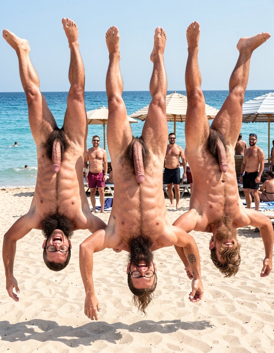 Hyperrealistic photograph captured at the exact peak of the flip in mid-air at midday on the sand of El Playazo, Vera Playa, Almería, right in front of chiringuito El Pirata. The three of you are completely naked and upside down in the middle of a full forward somersault, heads pointing straight down toward the sand, feet and legs pointing straight up to the sky, bodies perfectly inverted. Legs are spread wide open so your hairy assholes are completely exposed and centered in the frame for everyone to see, balls hanging downward by gravity, thick cocks also hanging and swinging toward your bellies.

Hipsterbarba is in the exact center: 40 years old, 1.80m, 80kg, 8% body fat, shredded dry six-pack now visible from below, dense black chest hair, trail running to your thick pubic bush, rounded pecs, wide shoulders, vascular arms, extremely long Bandholz beard hanging straight down toward the ground because of the inversion, spiral-curled mustache tips, black-rimmed glasses still on your face, high fade undercut hair, small “hipsterbarba” tattoo on your right biceps. Your hairy asshole is wide open and perfectly visible from this upside-down angle, pink ring fully exposed, heavy hairy balls dangling low, thick beautiful 19cm cock hanging down and pointing toward your chest.

To your left, Erik (38, strong hairy build, thick black beard hanging down) is also upside down with legs spread, hairy asshole exposed, thick 19cm cock and balls hanging by gravity. To your right, Ferran (36, athletic and hairy, shorter brown beard hanging down) flips in the same position, hairy asshole on full display, 17cm cock hanging freely.

All three of you have genuine laughs of pure joy on your inverted faces. Bright midday sun creates sharp highlights on every muscle, every drop of sweat flying off your bodies, and every single hair. The turquoise sea and the terrace of El Pirata are visible in the background with other naked men looking up at you, laughing and getting hard. Ultra-detailed skin texture, individual beard hairs hanging, perfect anatomical accuracy, cinematic lighting, pure joyful exhibition while fully inverted.