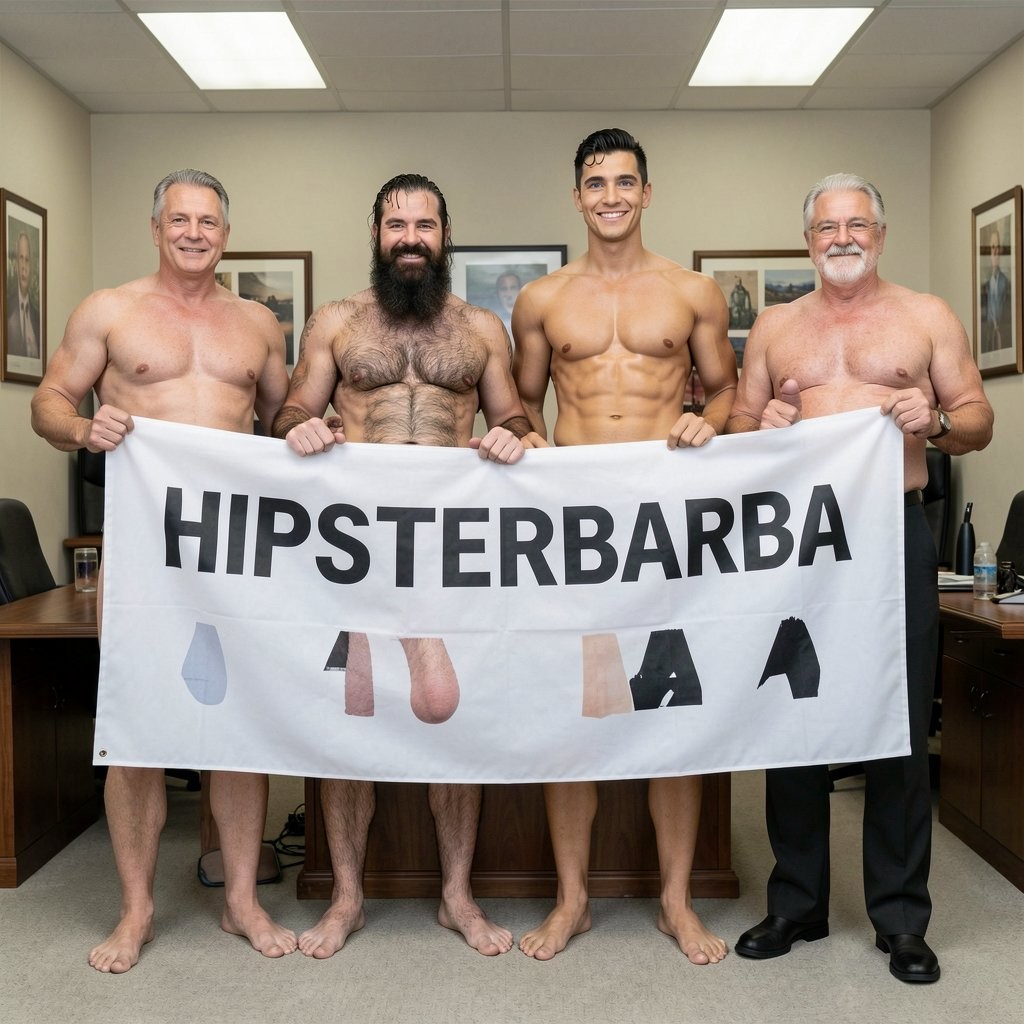 Four naked extremely muscular men standing in a horizontal line holding a large white fabric banner stretched between them with bold black text reading HIPSTERBARBA. From left to right: First man, El Comandante, 45 years old with short gray hair, stern commanding face, alpha presence, 185cm tall, 85kg muscular trained body, massive erect thick penis 25cm, holding left edge of banner with both hands raised. Second man, Soldado Bartolo, 35 years old with thick dark full beard, short wet hair, very hairy chest arms and legs, 180cm tall, 80kg muscular body, large erect penis 18cm, holding banner with friendly smile. Third man, Superman with perfect smooth bronzed skin, short black hair with iconic curl, bright blue eyes, 195cm tall, 100kg of superhuman muscle mass, enormous steel-hard erect penis 23cm, holding banner with heroic smile, towering physique. Fourth man, General Rodolfo Castaños, 60 years old with short gray military hair and thick gray mustache, experienced muscular body, 175cm tall, 75kg, thick erect penis 20cm, holding right edge of banner with military posture and dignified expression. All four completely naked, full bodies visible from head to feet, banner held horizontally high above their waists, four different erect uncircumcised penises clearly visible below the banner, varying body types and heights, military office interior background, professional studio lighting, photorealistic 8K resolution, extreme anatomical detail, masterpiece quality.