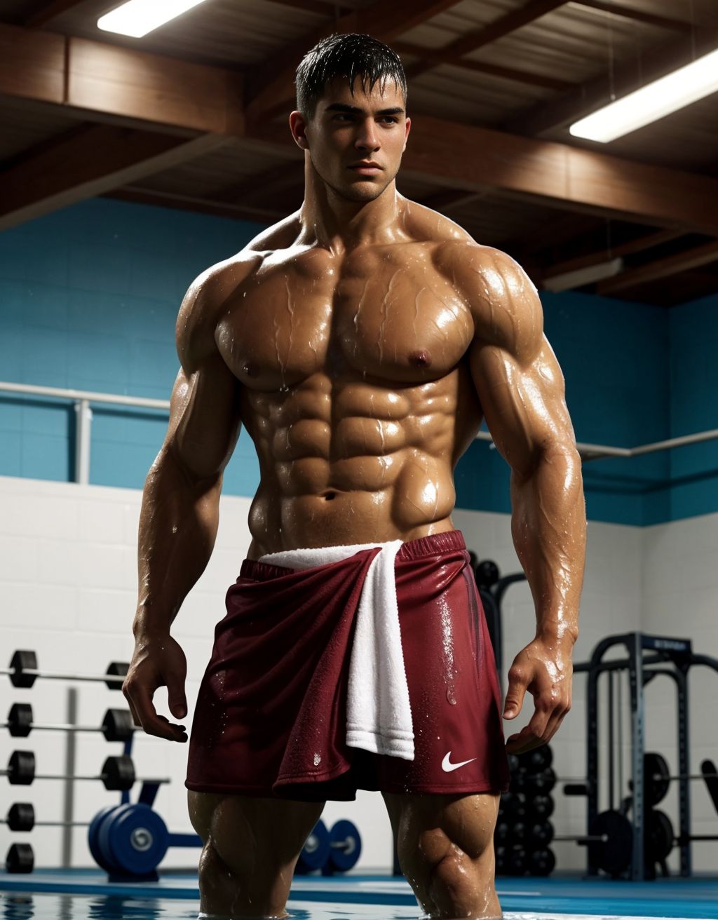 Hombre musculoso de 28 años, jugador de fútbol, cubierto de gotas de agua, parado en un gimnasio, físico atlético, torso desnudo, toalla húmeda en la cintura, piel brillante, sombras dramáticas, expresión serena y cansada, estilo fotorealista, texturas húmedas, fondo desenfocado, enfoque en la forma poderosa del jugador.