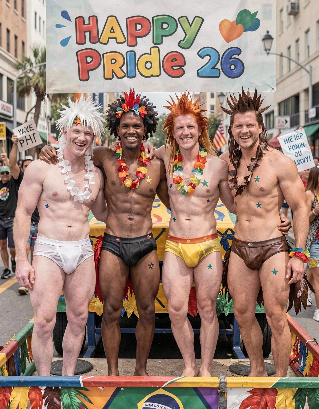 Cuatro hombres sonrientes posan abrazados sobre una carroza en un desfile del Orgullo, vestidos únicamente con slips de colores y collares de flores, con el torso descubierto y pintura corporal en forma de estrellas sobre el pecho, el abdomen y las piernas. Cada uno lleva una peluca o tocado llamativo con puntas de colores, desde blanco y rojo hasta tonos marrones, reforzando el ambiente festivo y carnavalesco. Detrás de ellos cuelga una pancarta grande con letras multicolores que dice “HAPPY PRIDE 26” y un corazón arcoíris, mientras al fondo se ven calles urbanas, edificios, banderas y manifestantes con carteles, creando una escena alegre de celebración LGBTQ+, diversidad, orgullo, música y desfile callejero.