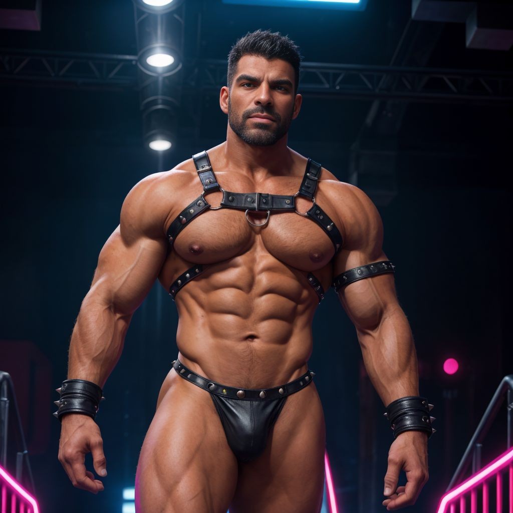 Un hombre muy musculoso posa de frente en un entorno oscuro con estética de club nocturno o escenario, iluminado por focos superiores y luces de neón rosas a los lados. Lleva un arnés negro de cuero con hebillas metálicas cruzado sobre el pecho, brazaletes ajustados en los bíceps, muñequeras con tachuelas y un tanga negro brillante de cuero que deja al descubierto sus piernas, abdomen definido y torso aceitado. Su expresión seria, barba recortada y pelo corto refuerzan una presencia dominante y segura, con una composición centrada que destaca la musculatura, el vestuario fetish y la atmósfera intensa de espectáculo.