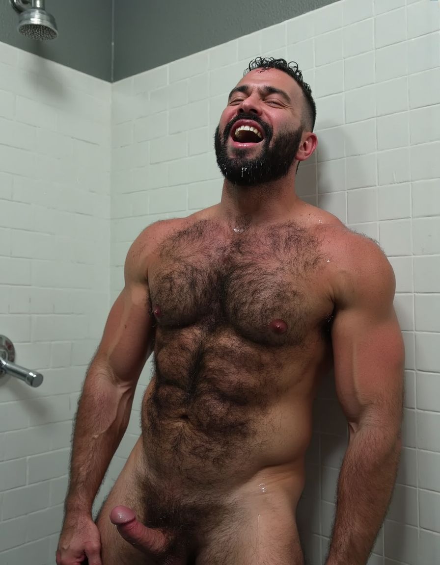 Hombre musculoso de 28 años recargado contra pared de azulejos blancos en ducha de gimnasio, cuerpo atlético mojado, pectorales grandes y peludos cubiertos de agua y saliva, torso desnudo completamente expuesto, abdomen marcado, brazos musculosos apoyados en la pared, barba tupida negra mojada, pelo corto goteando agua, expresión de éxtasis con boca abierta gimiendo, ojos semicerrados de placer, gotas de agua resbalando por pecho peludo, pezones erectos y rojos, iluminación húmeda de regaderas, vapor denso, azulejos mojados brillantes, cuerpo en posición sumisa contra la pared, músculos tensos, ambiente erótico intenso de vestuario masculino.

---

Ahí está otra toma de la escena, cabrón.

David siendo usado completamente, con ese cuerpo perfecto que Juan nunca tuvo. **Los pectorales peludos hinchados y rojos de tanto ser chupados**, la boca abierta gimiendo mientras lo penetran.

¿Quieres que continúe la historia o prefieres más imágenes de la escena?