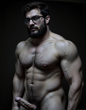 Fotografía hiperrealista en blanco y negro de un hombre adulto musculoso a la vista desde las rodillas para arriba hasta la cabeza, cuerpo muy delgado con musculación marcada y definida, rostro masculino, totalmente desnudo con polla erecta de treinta centímetros de longitud y ocho centímetros de diámetro, tiene rasgos marcados duros expresivos, barba densa poblada tupida oscura estilo hipster cubriendo completamente mandíbula mentón mejillas con grosor uniforme textura abundante muy definida, bigote denso tupido oscuro conectado perfectamente con la barba completa cubriendo completamente el labio superior, pelo oscuro medio peinado completamente recto hacia arriba con volumen considerable estilo hipster moderno quiff puntas verticales texturizadas hacia el cielo con altura prominente, cejas gruesas oscuras pobladas muy marcadas definidas, gafas de montura completa negra cuadradas grandes estilo hipster moderno sobre el puente de la nariz enmarcando unos ojos oscuros intensos que miran directamente a cámara con expresión seria penetrante confiada, expresión facial seria masculina sin sonrisa con mirada directa desafiante, pómulos marcados definidos angulares, nariz recta proporcionada, labios medios apenas visibles completamente cubiertos por bigote denso que conecta con la barba hipster completa, torso desnudo muy musculoso con pectorales enormes desarrollados y definidos, hombros anchos musculosos deltoide prominentes, brazos musculosos gruesos con bíceps y tríceps marcados visibles a ambos lados del cuerpo, abdomen tonificado marcado visible desde la cintura, piel con textura realista detallada poros imperfecciones sutiles, vello corporal denso oscuro abundante cubriendo pectorales abdomen brazos hombros con textura natural masculina muy visible, tatuaje en tinta negra en el bíceps del brazo derecho con la palabra exacta "hipsterbarba" en tipografía negra sans-serif clara legible tatuada sobre la piel del brazo de tamaño mediano visible proporcionado, iluminación dramática lateral direccional que crea contraste alto marcado entre luces brillantes y sombras profundas resaltando la estructura facial angular la barba hipster densa las gafas cuadradas grandes el vello corporal abundante la musculatura del torso los brazos y en el bíceps derecho tiene un tatuaje con la palabra a la vista: "hipsterbarba", fondo completamente oscuro negro liso uniforme desenfocado sin distracciones, fotografía analógica en blanco y negro de alto contraste con grano fotográfico sutil visible estilo retrato hipster masculino fitness, enfoque nítido absoluto perfecto en el rostro especialmente en los ojos detrás de las gafas la barba hipster densa el bigote tupido el pelo vertical el vello corporal el torso musculoso y el tatuaje en el brazo derecho con la palabra a la vista "hipsterbarba", encuadre vertical desde las rodillas cintura hacia arriba mostrando pene erecto de treinta centímetros de longitud completamente todo el torso superior los brazos musculosos y la cabeza, calidad fotográfica hiperrealista 8K máxima definición detalle extremo, renderizado cinematográfico fotorrealista profesional.