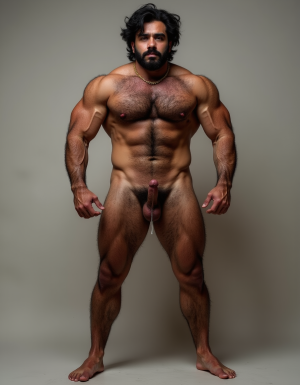 PEDRO de cuerpo entero 8K de hombre mediterráneo muy masculino y muy delgado pero musculoso de pie, cara geométrica brutal con mandíbula cuadrada pesada, pómulos altos anchos, barbilla prominente con hoyuelo, ojos oscuros marrones profundos hundidos con cejas gruesas densas, nariz grande puente ancho recto forma griega, bigote morsa negro denso espeso cayendo en extremos cubriendo labio superior completamente, pelo negro rizado voluminoso desordenado, cuello grueso de toro con nuez prominente, pecho ancho cubierto vello negro rizado denso, pectorales voluminosos definidos con surco central profundo, cadena dorada colgando en surco pectoral, pezones oscuros marrón rojizo areolas anchas, abdominales six-pack marcados, vello corporal abundante formando trail oscuro vertical desde pecho hasta entrepierna, brazos musculosos gruesos con venas marcadas deltoides prominentes bíceps grandes tríceps herradura cubiertos vello negro, manos grandes dedos gruesos nudillos prominentes pelo dorso manos, piernas musculosas cuádriceps voluminosos muslos gruesos cubiertos vello negro denso rodillas huesudas pantorrillas gemelos forma diamante, pies grandes anchos pelo empeine, polla erecta treinta centímetros gruesa ocho centímetros diámetro color marrón oscuro curvada arriba venas dorsales marcadas prepucio largo glande ancho rojizo apuntando hacia arriba, huevos grandes colgando bajos escroto oscuro arrugado tamaño huevos gallina XL, piel aceitunada bronceada mediterránea, iluminación natural realista, fotorrealista, hiperdetallado, desnudo completo. Pies desnudos. Polla erecta dura hacia arriba