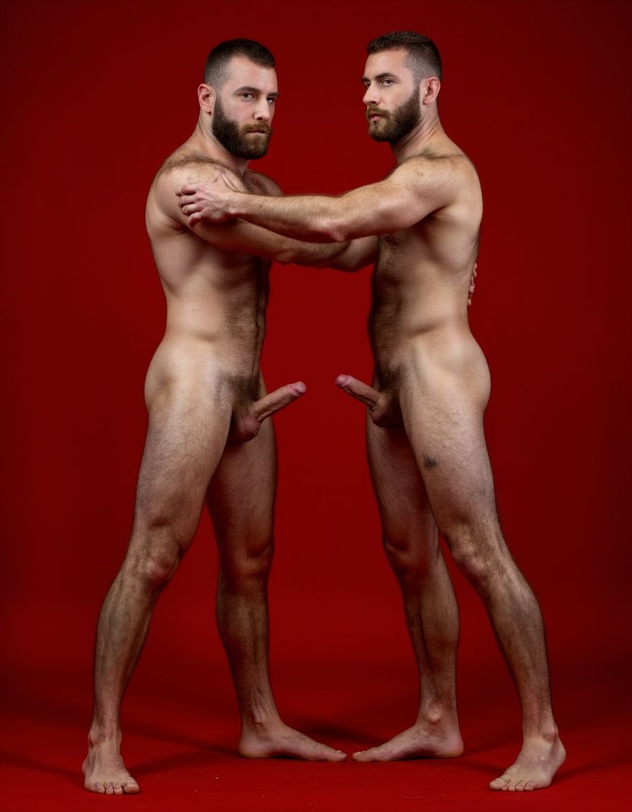 Dos guerreros musculosos de cuerpo delgado y alto, cuerpo completamente desnudo y velludo, mostrando polla venosa de 30 cm de longitud y 5 cm de grosor, de piel bronceada por el Sol, con pelo muy largo y barba. Tiene pies fuertes. Están abrazados. Tienen músculos marcados definidos y sin nada de grasa. Tienen aspecto muy viril. Tienen cuerpo muy delgado pero músculos marcados y muy definidos. Están tensos haciendo fuerza para abrazarse marcando los músculos. Fondo rojo.