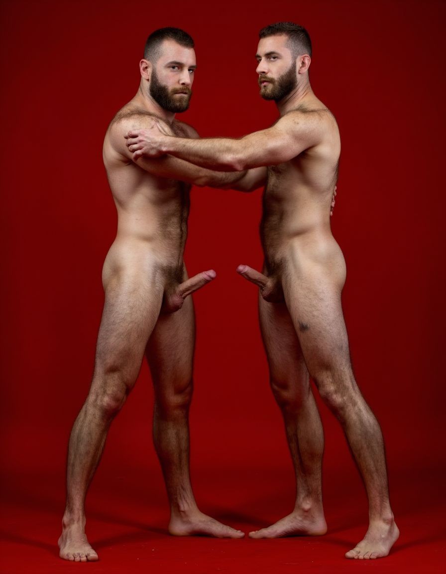 Dos guerreros musculosos de cuerpo delgado y alto, cuerpo completamente desnudo y velludo, mostrando polla venosa de 30 cm de longitud y 5 cm de grosor, de piel bronceada por el Sol, con pelo muy largo y barba. Tiene pies fuertes. Están abrazados. Tienen músculos marcados definidos y sin nada de grasa. Tienen aspecto muy viril. Tienen cuerpo muy delgado pero músculos marcados y muy definidos. Están tensos haciendo fuerza para abrazarse marcando los músculos. Fondo rojo.