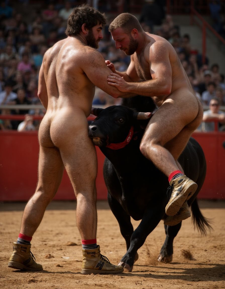 Un torero español musculoso y velludo de 50 años, con torso atlético y marcado, se muestra completamente desnudo, destacando su pene de 30 cm de longitud y 5 cm de grosor, perfectamente formado y rodeado de un denso vello púbico castaño oscuro. Sus testículos, perfectamente formados, cuelgan de forma prominente. La piel bronceada y sudorosa resalta su musculatura definida, con pectorales y abdominales bien marcados y sin grasa. El cabello largo y castaño oscuro está despeinado y sudoroso, con gotas de sudor resbalando por su frente y mejillas. Una barba incipiente y un vello corporal denso que se extiende por su pecho, piernas y brazos completan su apariencia viril. Lleva zapatillas doradas en sus pies.

A su lado, un hombre musculoso y velludo de 30 años, completamente desnudo, muestra un pene de 30 cm de longitud y 7 cm de grosor, hermoso y perfecto, rodeado de un denso vello púbico pelirrojo. Su piel bronceada y sudorosa muestra una musculatura definida, con pectorales y abdominales muy marcados. Tiene cabello pelirrojo despeinado y sudoroso. Tiene una barba pelirroja densa pero bien recortada. El vello corporal pelirrojo denso cubre su pecho, y tiene mucho vello pelirrojo en sus piernas y brazos, lo que realza su apariencia masculina y atlética. Están en la plaza de toros con un toro salvaje. Se aman

Ambos hombres se encuentran en una plaza de toros, con sombras que resaltan su musculatura y vello corporal, creando un ambiente sensual y cargado de tensión. Están en pleno acto de pasión, con sus penes erectos y testículos prominentes ,destacando su musculatura, vello corporal y atributos viriles en una imagen impactante y llena de energía. La escena está llena de sensualidad y poder, con los dos hombres como protagonistas, en un ambiente cargado de pasión y erotismo. La imagen es híper realista, con detalles de alta calidad, y muestra la unión de los dos hombres en un acto de pasión y dominio, con sus cuerpos musculosos y velludos completamente desnudos y visibles, mostrando su excitación y pasión en cada detalle. Tienen sus penes erectos. Están totalmente desnudos. Tienen un pene de 40 cm de longitud y 7 cm de diámetro. Son felices y sonríen. Amor. Se abrazan por la cintura con fuerza y pasión, están muy juntos. Sexo fuerte. El uno sobre el otro haciendo sexo.
