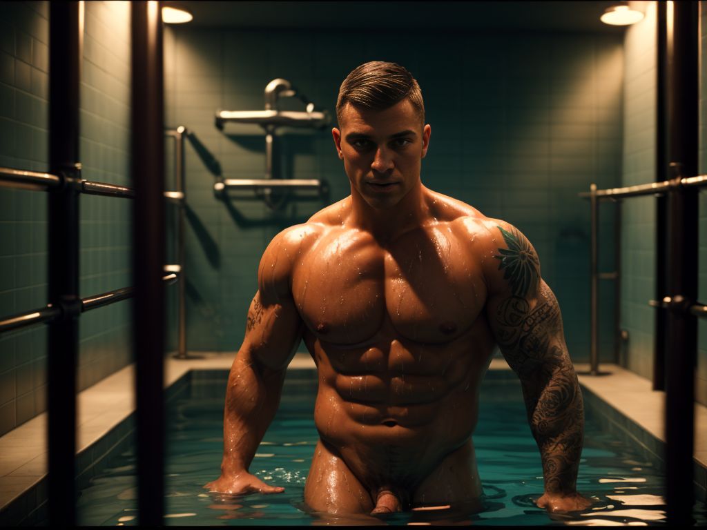 Tres hombres musculosos y desnudos en la ducha de la cárcel, agua fría cayendo, cuerpos sudorosos, penes visibles, tatuajes coloridos, miradas intensas, barrotes de metal al fondo, luz débil, sombras oscuras, gotas de agua resbalando, estilo pop art vibrante, hiperrealista.
