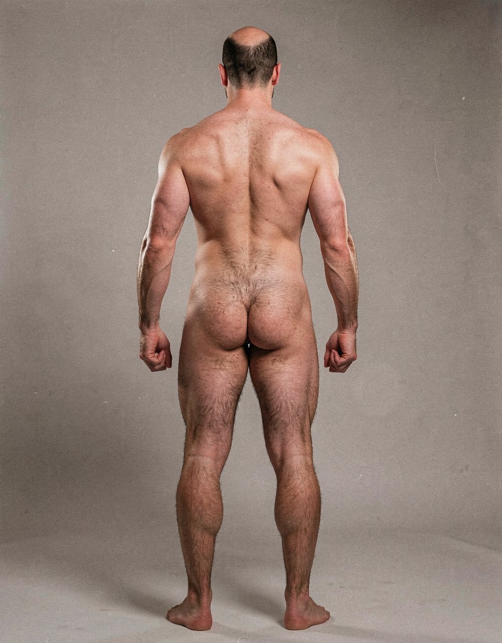 Mike Morris, a 32-year-old extremely lean Caucasian male at only 8% body fat, stands completely naked in a strict military attention pose seen from directly behind in a full posterior view. His back is perfectly straight, shoulders pulled back, arms rigid at his sides with fists clenched, legs straight and together, head held high. The shot captures him from the heels of his feet all the way up to the top of his bald head. His advanced Norwood III-IV baldness is clearly visible from behind, with a smooth tanned scalp on the crown and short dense dark brown hair only on the sides and lower back of the head. His back is highly defined and vascular: wide lats tapering dramatically to a very narrow, tight waist, thick trapezius muscles, and dense dark brown body hair lightly covering the shoulders and becoming much thicker and denser across the lower back and lumbar area, especially between the lats. His ass is tight, muscular and round with almost no fat, the glutes clearly separated. Thick dark hair continues down onto his powerful diamond-shaped calves and the backs of his slightly hairy feet. Dramatic directional studio lighting from above and slightly to the side creates strong highlights on his dry, shredded skin and deep shadows that accentuate every muscle fiber, the texture of his dense back hair, and the extreme vascularity and definition of his 8% body fat physique. Photorealistic, high-contrast, masculine 1970s Colt Studio aesthetic, grainy film texture, commanding and powerful presence. Las piernas están separadas 80 cm.  Se aprecia el surco entre glúteos  con una separación de 4 centímetros entre glúteos. Tiene el pie derecho a una distancia de ochenta centímetros del pie izquierdo