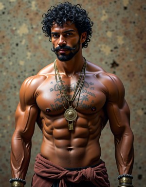 PEDRO es un hombre muy macho, delgado pero con músculos muy marcados y definidos, está de pie. Tiene su polla erecta,

PEDRO tiene una cara geométrica masculina brutal, tiene la estructura ósea de un tío mediterráneo: pómulos altos que marcan sombras naturales bajo los ojos, tiene mandíbula cuadrada que se extiende hasta las líneas angulares perfectas antes de llegar a la barbilla, tiene la barbilla prominente con un amplio hoyuelo central firme y sobresaliente, es una cara sonriente pero impone respeto.

PEDRO tiene ojos oscuros, de color marrón profundo oscuro y están ligeramente hundidos bajo un arco supraciliar marcado que da una imagen de depredador peligroso, tiene cejas gruesas, densas y oscuras, casi rectas con una ligera curva natural, tiene los párpados entornados, tiene mirada de estar evaluando constante todo lo que le rodea, tiene las pestañas espesas y largas y negras.

PEDRO tiene nariz proporcionada a la cara, con el puente recto en forma clásica griega con la punta ligeramente redondeada y las aletas nasales expandidas, es una nariz que da carácter, que completa cara de gladiador retirado.

PEDRO tiene orejas de tamaño medio, pegadas al cráneo, casi ocultas por el pelo rizado que le cae a los lados, los lóbulos de las orejas son carnosos, las orejas de Pedro son perfectas y funcionales, proporcionadas al tamaño de su cabeza.

PEDRO tiene bigote que es un mostacho denso, espeso, de pelo negro azabache que le cubre todo el labio superior con una generosidad obscena, el bigote es abundante desde la base, con los pelos apretados unos contra otros formando una masa compacta que se extiende más allá de las comisuras de los labios y cae ligeramente hacia abajo en los extremos de la boca “estilo morsa”, el bigote tiene un acabado salvaje. Pedro no tiene barba y está afeitado y barbilla limpia.

PEDRO tiene pelo negro intenso, rizado, con volumen considerable, el pelo cae en ondas gruesas y desordenadas hacia los lados y hacia atrás, con textura natural de pelo denso y rebelde, el pelo de Pedro tiene brillo aceitoso de pelo sano, el pelo es recto y bajo, lo que le da una imagen de frente proporcionada pero no demasiado amplia, tiene pelo de tío macho.

PEDRO tiene cuello cuyos músculos esternocleidomastoideos están marcados y tensos a cada lado en forma de ve invertida que conecta la mandíbula con las clavículas, es un cuello corto en proporción y musculado, el cuello de Pedro tiene nuez pronunciada y es prominente y se ve bajo la piel bronceada, el cuello de Pedro tiene algunas venas finas que le recorren los laterales, en la base del cuello justo donde empieza el pecho tiene vello corporal asomando tímidamente, son unos pelos oscuros y dispersos.

PEDRO tiene pecho con una puta selva de vello, el pecho de Pedro es expansivo con las clavículas marcadas y separadas creando una plataforma horizontal sobre la que se asientan los pectorales, el pecho de Pedro tiene la piel de un color con tono aceitunado oscuro, bronceada de manera natural y uniforme, con brillo cálido, el pecho de Pedro tiene vello denso de pelo negro y rizado que le cubre desde la parte superior de los pectorales hasta el abdomen sin interrupción, el vello del pecho de Pedro es pelo grueso de color oscuro.

PEDRO tiene pectorales de músculos carnosos, que se separan en el centro creando un surco profundo donde la cadena dorada descansa, son pectorales de volumen generoso, están cortados con definición extrema de gimnasio y además tienen forma llena y potente de músculo funcional cubierto por una capa justa de carne que les da aspecto macizo, la parte inferior de cada pectoral crea una sombra curva sobre las costillas, marcando bien dónde termina el músculo, los pectorales de Pedro son sólidos y densos.

PEDRO tiene pezones visibles bajo el vello, son oscuros, de color marrón rojizo que contrasta con la piel aceitunada, de tamaño XL y ligeramente orientados hacia abajo y hacia los lados por la forma de los pectorales, los pezones de Pedro tienen areolas de tres centímetros de diámetro, con textura granulada típica, y el pezón central es muy protuberante endurecido y se marca a través del pelo, pelo oscuro y rizado van directamente desde las areolas, integrándolos completamente en el vello pectoral.

PEDRO tiene abdominales six-pack muy marcados, Pedro tiene un abdomen plano y firme con la musculatura subyacente visible pero cubierta por la capa de vello que baja desde el pecho sin interrupción, estrechándose a la altura del ombligo para formar un camino estrecho de pelo denso, el trail, que se convierte en una línea oscura y definida que desciende verticalmente como una flecha señalando hacia la entrepierna, tiene ombligo profundo y sobresaliente y es ovalado, rodeado de pelo, los abdominales de Pedro tienen los oblicuos laterales muy definidos y crean líneas diagonales a los lados de la cintura que enmarcan el abdomen, la musculatura de Pedro se aprecia bajo el vello de forma visible y es funcional de tío que hace muchos esfuerzos con su cuerpo.

PEDRO tiene brazos musculosos marcados, definidos y proporcionados al torso, los brazos tienen deltoides redondos y prominentes, con las tres cabezas del músculo visibles, creando una forma de bola en el hombro que separa el brazo del torso, los brazos de Pedro tiene bíceps marcados, tiene vena cefálica que le recorre la parte anterior del brazo bajo la piel, los brazos de Pedro tienen tríceps con forma de herradura en la parte posterior que dan volumen al brazo visto de perfil, los antebrazos son musculosos marcados y definidos y tienen la musculatura fibrosa y detallada, llenos de tendones visibles, los brazos de Pedro tienen vello abundante oscuro de pelo negro y rizado cubriendo especialmente los antebrazos donde forma una capa densa y uniforme que atrapa la luz del sol y le da aspecto primitivo, animal, la parte superior del brazo también tiene vello disperso pero presente, oscureciendo la piel bronceada.

PEDRO tiene manos con dedos y nudillos prominentes, son manos de trabajador, con la piel algo más áspera que el resto del cuerpo, tiene uñas cortas y cuadradas, las manos de Pedro tienen pelo oscuro en el dorso de las manos y en las primeras falanges de los dedos, disperso pero visible, las manos de Pedro tiene unas palmas perfectas y las líneas están marcadas profundamente, son manos que agarran bien.

PEDRO tiene piernas con los cuádriceps voluminosos y densos, con forma de lágrima invertida en la parte interna que delata músculo de verdad, y la separación entre el vasto externo y el recto femoral se marca flexionado, las piernas de Pedro tienen muslos marcados y definidos, cubiertos completamente por una capa generosa de vello negro rizado, denso, oscuro sobre la piel morena, la parte posterior de los muslos tiene los isquiotibiales definidos y tensos, con cuerdas musculares que se marcan, las piernas de Pedro tienen rodillas huesudas, funcionales y sus pantorrillas tienen gemelos duros con forma de diamante, cubiertos también de vello oscuro e indomable que le sube desde los tobillos hacia el muslo arriba. Pedro tiene piernas perfectas y muy masculinas .

PEDRO tiene pies proporcionados a la estructura de su cuerpo de macho, tiene los pies rectos con las uñas cortas y algo amarillentas por el sol y las sandalias, los pies de Pedro tienen planta callosa y se distinguen los talones perfectos y la base de los dedos es canosa, los pies de Pedro tienen pelo oscuro en el empeine y en los dedos, disperso pero visible, conectando con el vello de las pantorrillas, el arco del pie es pronunciado, y los tendones extensores se marcan en el empeine flexionando los dedos, los pies de Pedro tienen apariencia sólida.

PEDRO tiene una polla de treinta y cinco centímetros de longitud de carne de un tono ligeramente más oscuro que el resto de su piel de color marrón aceitunado el color marrón aceitunado de la polla de PEDRO se oscurece hacia el glande, la polla de Pedro tiene ocho centímetros de diámetro, la polla de Pedro es de carne de volumen brutal con las venas dorsales azuladas marcadas bajo la piel, el tronco de la polla de Pedro es ligeramente curvado hacia arriba y está dura, y la piel está cubierta en la base de la polla por una maraña de vello púbico negro, espeso y rizado que conecta directamente con el trail que baja desde el ombligo, la polla de Pedro tiene el prepucio cubriendo parcialmente su glande, de cabeza roma y rojiza, con el meato uretral como una ranura vertical que gotea por excitación sexual, es una polla dura que apunta hacia arriba con curva amenazante y hace sombra sobre los huevos.

PEDRO tiene huevos que cuelgan mcho, tienen el escroto oscuro, arrugado, cubierto por vello rizado y disperso, los huevos de Pedro son dos esferas de cinco centímetros de diámetro cada uno y son perfectamente simétricos, que se balancean entre sus muslos como péndulos, el huevo izquierdo cuelga ligeramente más bajo que el derecho, la piel del escroto es más oscura que el resto del cuerpo con tono marrón profundo, el escroto está extendido dejando los huevos descolgar desde la base de la polla, son huevos que están llenos, que producen corridas espesas, abundantes y calientes.
PEDRO es un hombre muy delgado con rasgos mediterráneos, se le ve de cuerpo entero desde la coronilla de la cabeza hasta las plantas callosas de los pies, pasando por los treinta y cinco centímetros de polla. Fondo 🏞️. Imagen ultra alta definición 8K.