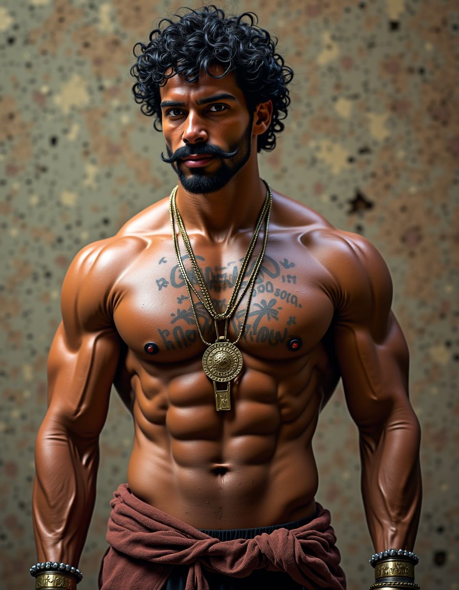 PEDRO es un hombre muy macho, delgado pero con músculos muy marcados y definidos, está de pie. Tiene su polla erecta,

PEDRO tiene una cara geométrica masculina brutal, tiene la estructura ósea de un tío mediterráneo: pómulos altos que marcan sombras naturales bajo los ojos, tiene mandíbula cuadrada que se extiende hasta las líneas angulares perfectas antes de llegar a la barbilla, tiene la barbilla prominente con un amplio hoyuelo central firme y sobresaliente, es una cara sonriente pero impone respeto.

PEDRO tiene ojos oscuros, de color marrón profundo oscuro y están ligeramente hundidos bajo un arco supraciliar marcado que da una imagen de depredador peligroso, tiene cejas gruesas, densas y oscuras, casi rectas con una ligera curva natural, tiene los párpados entornados, tiene mirada de estar evaluando constante todo lo que le rodea, tiene las pestañas espesas y largas y negras.

PEDRO tiene nariz proporcionada a la cara, con el puente recto en forma clásica griega con la punta ligeramente redondeada y las aletas nasales expandidas, es una nariz que da carácter, que completa cara de gladiador retirado.

PEDRO tiene orejas de tamaño medio, pegadas al cráneo, casi ocultas por el pelo rizado que le cae a los lados, los lóbulos de las orejas son carnosos, las orejas de Pedro son perfectas y funcionales, proporcionadas al tamaño de su cabeza.

PEDRO tiene bigote que es un mostacho denso, espeso, de pelo negro azabache que le cubre todo el labio superior con una generosidad obscena, el bigote es abundante desde la base, con los pelos apretados unos contra otros formando una masa compacta que se extiende más allá de las comisuras de los labios y cae ligeramente hacia abajo en los extremos de la boca “estilo morsa”, el bigote tiene un acabado salvaje. Pedro no tiene barba y está afeitado y barbilla limpia.

PEDRO tiene pelo negro intenso, rizado, con volumen considerable, el pelo cae en ondas gruesas y desordenadas hacia los lados y hacia atrás, con textura natural de pelo denso y rebelde, el pelo de Pedro tiene brillo aceitoso de pelo sano, el pelo es recto y bajo, lo que le da una imagen de frente proporcionada pero no demasiado amplia, tiene pelo de tío macho.

PEDRO tiene cuello cuyos músculos esternocleidomastoideos están marcados y tensos a cada lado en forma de ve invertida que conecta la mandíbula con las clavículas, es un cuello corto en proporción y musculado, el cuello de Pedro tiene nuez pronunciada y es prominente y se ve bajo la piel bronceada, el cuello de Pedro tiene algunas venas finas que le recorren los laterales, en la base del cuello justo donde empieza el pecho tiene vello corporal asomando tímidamente, son unos pelos oscuros y dispersos.

PEDRO tiene pecho con una puta selva de vello, el pecho de Pedro es expansivo con las clavículas marcadas y separadas creando una plataforma horizontal sobre la que se asientan los pectorales, el pecho de Pedro tiene la piel de un color con tono aceitunado oscuro, bronceada de manera natural y uniforme, con brillo cálido, el pecho de Pedro tiene vello denso de pelo negro y rizado que le cubre desde la parte superior de los pectorales hasta el abdomen sin interrupción, el vello del pecho de Pedro es pelo grueso de color oscuro.

PEDRO tiene pectorales de músculos carnosos, que se separan en el centro creando un surco profundo donde la cadena dorada descansa, son pectorales de volumen generoso, están cortados con definición extrema de gimnasio y además tienen forma llena y potente de músculo funcional cubierto por una capa justa de carne que les da aspecto macizo, la parte inferior de cada pectoral crea una sombra curva sobre las costillas, marcando bien dónde termina el músculo, los pectorales de Pedro son sólidos y densos.

PEDRO tiene pezones visibles bajo el vello, son oscuros, de color marrón rojizo que contrasta con la piel aceitunada, de tamaño XL y ligeramente orientados hacia abajo y hacia los lados por la forma de los pectorales, los pezones de Pedro tienen areolas de tres centímetros de diámetro, con textura granulada típica, y el pezón central es muy protuberante endurecido y se marca a través del pelo, pelo oscuro y rizado van directamente desde las areolas, integrándolos completamente en el vello pectoral.

PEDRO tiene abdominales six-pack muy marcados, Pedro tiene un abdomen plano y firme con la musculatura subyacente visible pero cubierta por la capa de vello que baja desde el pecho sin interrupción, estrechándose a la altura del ombligo para formar un camino estrecho de pelo denso, el trail, que se convierte en una línea oscura y definida que desciende verticalmente como una flecha señalando hacia la entrepierna, tiene ombligo profundo y sobresaliente y es ovalado, rodeado de pelo, los abdominales de Pedro tienen los oblicuos laterales muy definidos y crean líneas diagonales a los lados de la cintura que enmarcan el abdomen, la musculatura de Pedro se aprecia bajo el vello de forma visible y es funcional de tío que hace muchos esfuerzos con su cuerpo.

PEDRO tiene brazos musculosos marcados, definidos y proporcionados al torso, los brazos tienen deltoides redondos y prominentes, con las tres cabezas del músculo visibles, creando una forma de bola en el hombro que separa el brazo del torso, los brazos de Pedro tiene bíceps marcados, tiene vena cefálica que le recorre la parte anterior del brazo bajo la piel, los brazos de Pedro tienen tríceps con forma de herradura en la parte posterior que dan volumen al brazo visto de perfil, los antebrazos son musculosos marcados y definidos y tienen la musculatura fibrosa y detallada, llenos de tendones visibles, los brazos de Pedro tienen vello abundante oscuro de pelo negro y rizado cubriendo especialmente los antebrazos donde forma una capa densa y uniforme que atrapa la luz del sol y le da aspecto primitivo, animal, la parte superior del brazo también tiene vello disperso pero presente, oscureciendo la piel bronceada.

PEDRO tiene manos con dedos y nudillos prominentes, son manos de trabajador, con la piel algo más áspera que el resto del cuerpo, tiene uñas cortas y cuadradas, las manos de Pedro tienen pelo oscuro en el dorso de las manos y en las primeras falanges de los dedos, disperso pero visible, las manos de Pedro tiene unas palmas perfectas y las líneas están marcadas profundamente, son manos que agarran bien.

PEDRO tiene piernas con los cuádriceps voluminosos y densos, con forma de lágrima invertida en la parte interna que delata músculo de verdad, y la separación entre el vasto externo y el recto femoral se marca flexionado, las piernas de Pedro tienen muslos marcados y definidos, cubiertos completamente por una capa generosa de vello negro rizado, denso, oscuro sobre la piel morena, la parte posterior de los muslos tiene los isquiotibiales definidos y tensos, con cuerdas musculares que se marcan, las piernas de Pedro tienen rodillas huesudas, funcionales y sus pantorrillas tienen gemelos duros con forma de diamante, cubiertos también de vello oscuro e indomable que le sube desde los tobillos hacia el muslo arriba. Pedro tiene piernas perfectas y muy masculinas .

PEDRO tiene pies proporcionados a la estructura de su cuerpo de macho, tiene los pies rectos con las uñas cortas y algo amarillentas por el sol y las sandalias, los pies de Pedro tienen planta callosa y se distinguen los talones perfectos y la base de los dedos es canosa, los pies de Pedro tienen pelo oscuro en el empeine y en los dedos, disperso pero visible, conectando con el vello de las pantorrillas, el arco del pie es pronunciado, y los tendones extensores se marcan en el empeine flexionando los dedos, los pies de Pedro tienen apariencia sólida.

PEDRO tiene una polla de treinta y cinco centímetros de longitud de carne de un tono ligeramente más oscuro que el resto de su piel de color marrón aceitunado el color marrón aceitunado de la polla de PEDRO se oscurece hacia el glande, la polla de Pedro tiene ocho centímetros de diámetro, la polla de Pedro es de carne de volumen brutal con las venas dorsales azuladas marcadas bajo la piel, el tronco de la polla de Pedro es ligeramente curvado hacia arriba y está dura, y la piel está cubierta en la base de la polla por una maraña de vello púbico negro, espeso y rizado que conecta directamente con el trail que baja desde el ombligo, la polla de Pedro tiene el prepucio cubriendo parcialmente su glande, de cabeza roma y rojiza, con el meato uretral como una ranura vertical que gotea por excitación sexual, es una polla dura que apunta hacia arriba con curva amenazante y hace sombra sobre los huevos.

PEDRO tiene huevos que cuelgan mcho, tienen el escroto oscuro, arrugado, cubierto por vello rizado y disperso, los huevos de Pedro son dos esferas de cinco centímetros de diámetro cada uno y son perfectamente simétricos, que se balancean entre sus muslos como péndulos, el huevo izquierdo cuelga ligeramente más bajo que el derecho, la piel del escroto es más oscura que el resto del cuerpo con tono marrón profundo, el escroto está extendido dejando los huevos descolgar desde la base de la polla, son huevos que están llenos, que producen corridas espesas, abundantes y calientes.
PEDRO es un hombre muy delgado con rasgos mediterráneos, se le ve de cuerpo entero desde la coronilla de la cabeza hasta las plantas callosas de los pies, pasando por los treinta y cinco centímetros de polla. Fondo 🏞️. Imagen ultra alta definición 8K.