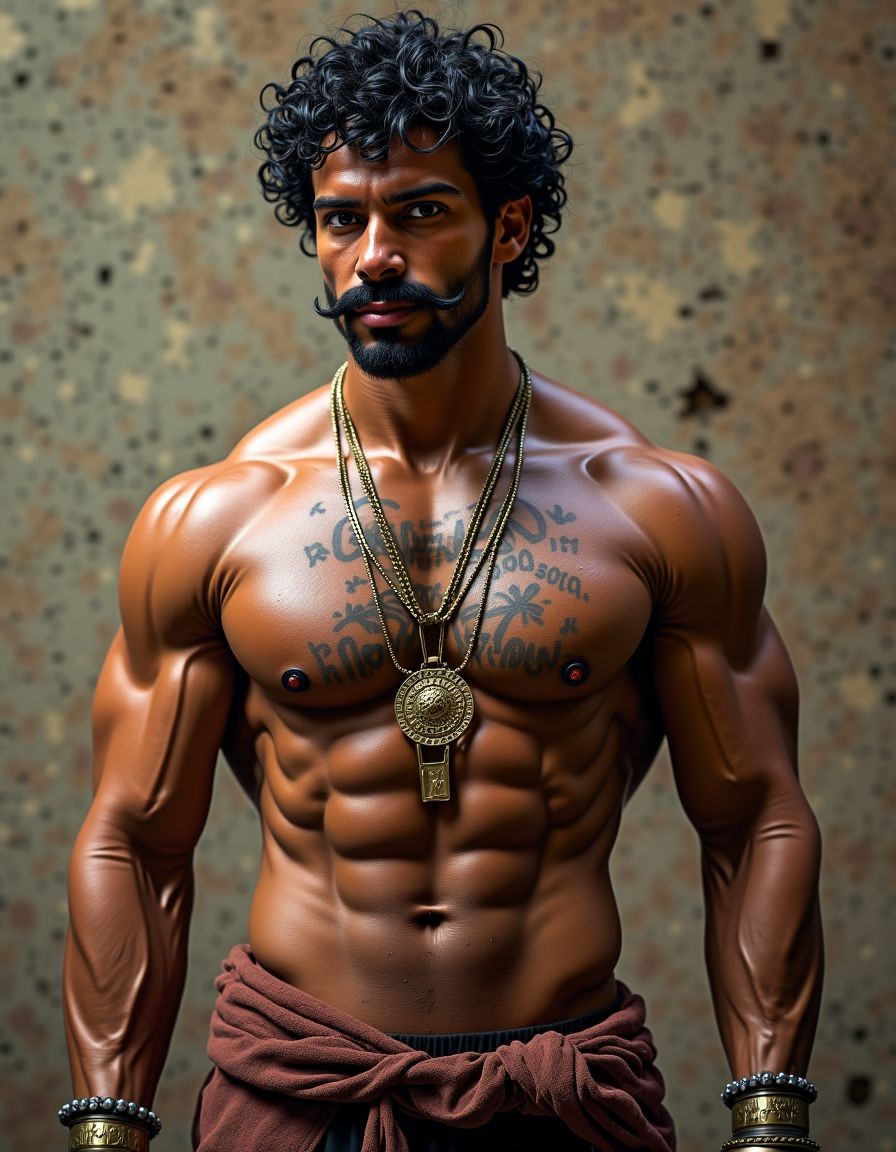 PEDRO es un hombre muy macho, delgado pero con músculos muy marcados y definidos, está de pie. Tiene su polla erecta,

PEDRO tiene una cara geométrica masculina brutal, tiene la estructura ósea de un tío mediterráneo: pómulos altos que marcan sombras naturales bajo los ojos, tiene mandíbula cuadrada que se extiende hasta las líneas angulares perfectas antes de llegar a la barbilla, tiene la barbilla prominente con un amplio hoyuelo central firme y sobresaliente, es una cara sonriente pero impone respeto.

PEDRO tiene ojos oscuros, de color marrón profundo oscuro y están ligeramente hundidos bajo un arco supraciliar marcado que da una imagen de depredador peligroso, tiene cejas gruesas, densas y oscuras, casi rectas con una ligera curva natural, tiene los párpados entornados, tiene mirada de estar evaluando constante todo lo que le rodea, tiene las pestañas espesas y largas y negras.

PEDRO tiene nariz proporcionada a la cara, con el puente recto en forma clásica griega con la punta ligeramente redondeada y las aletas nasales expandidas, es una nariz que da carácter, que completa cara de gladiador retirado.

PEDRO tiene orejas de tamaño medio, pegadas al cráneo, casi ocultas por el pelo rizado que le cae a los lados, los lóbulos de las orejas son carnosos, las orejas de Pedro son perfectas y funcionales, proporcionadas al tamaño de su cabeza.

PEDRO tiene bigote que es un mostacho denso, espeso, de pelo negro azabache que le cubre todo el labio superior con una generosidad obscena, el bigote es abundante desde la base, con los pelos apretados unos contra otros formando una masa compacta que se extiende más allá de las comisuras de los labios y cae ligeramente hacia abajo en los extremos de la boca “estilo morsa”, el bigote tiene un acabado salvaje. Pedro no tiene barba y está afeitado y barbilla limpia.

PEDRO tiene pelo negro intenso, rizado, con volumen considerable, el pelo cae en ondas gruesas y desordenadas hacia los lados y hacia atrás, con textura natural de pelo denso y rebelde, el pelo de Pedro tiene brillo aceitoso de pelo sano, el pelo es recto y bajo, lo que le da una imagen de frente proporcionada pero no demasiado amplia, tiene pelo de tío macho.

PEDRO tiene cuello cuyos músculos esternocleidomastoideos están marcados y tensos a cada lado en forma de ve invertida que conecta la mandíbula con las clavículas, es un cuello corto en proporción y musculado, el cuello de Pedro tiene nuez pronunciada y es prominente y se ve bajo la piel bronceada, el cuello de Pedro tiene algunas venas finas que le recorren los laterales, en la base del cuello justo donde empieza el pecho tiene vello corporal asomando tímidamente, son unos pelos oscuros y dispersos.

PEDRO tiene pecho con una puta selva de vello, el pecho de Pedro es expansivo con las clavículas marcadas y separadas creando una plataforma horizontal sobre la que se asientan los pectorales, el pecho de Pedro tiene la piel de un color con tono aceitunado oscuro, bronceada de manera natural y uniforme, con brillo cálido, el pecho de Pedro tiene vello denso de pelo negro y rizado que le cubre desde la parte superior de los pectorales hasta el abdomen sin interrupción, el vello del pecho de Pedro es pelo grueso de color oscuro.

PEDRO tiene pectorales de músculos carnosos, que se separan en el centro creando un surco profundo donde la cadena dorada descansa, son pectorales de volumen generoso, están cortados con definición extrema de gimnasio y además tienen forma llena y potente de músculo funcional cubierto por una capa justa de carne que les da aspecto macizo, la parte inferior de cada pectoral crea una sombra curva sobre las costillas, marcando bien dónde termina el músculo, los pectorales de Pedro son sólidos y densos.

PEDRO tiene pezones visibles bajo el vello, son oscuros, de color marrón rojizo que contrasta con la piel aceitunada, de tamaño XL y ligeramente orientados hacia abajo y hacia los lados por la forma de los pectorales, los pezones de Pedro tienen areolas de tres centímetros de diámetro, con textura granulada típica, y el pezón central es muy protuberante endurecido y se marca a través del pelo, pelo oscuro y rizado van directamente desde las areolas, integrándolos completamente en el vello pectoral.

PEDRO tiene abdominales six-pack muy marcados, Pedro tiene un abdomen plano y firme con la musculatura subyacente visible pero cubierta por la capa de vello que baja desde el pecho sin interrupción, estrechándose a la altura del ombligo para formar un camino estrecho de pelo denso, el trail, que se convierte en una línea oscura y definida que desciende verticalmente como una flecha señalando hacia la entrepierna, tiene ombligo profundo y sobresaliente y es ovalado, rodeado de pelo, los abdominales de Pedro tienen los oblicuos laterales muy definidos y crean líneas diagonales a los lados de la cintura que enmarcan el abdomen, la musculatura de Pedro se aprecia bajo el vello de forma visible y es funcional de tío que hace muchos esfuerzos con su cuerpo.

PEDRO tiene brazos musculosos marcados, definidos y proporcionados al torso, los brazos tienen deltoides redondos y prominentes, con las tres cabezas del músculo visibles, creando una forma de bola en el hombro que separa el brazo del torso, los brazos de Pedro tiene bíceps marcados, tiene vena cefálica que le recorre la parte anterior del brazo bajo la piel, los brazos de Pedro tienen tríceps con forma de herradura en la parte posterior que dan volumen al brazo visto de perfil, los antebrazos son musculosos marcados y definidos y tienen la musculatura fibrosa y detallada, llenos de tendones visibles, los brazos de Pedro tienen vello abundante oscuro de pelo negro y rizado cubriendo especialmente los antebrazos donde forma una capa densa y uniforme que atrapa la luz del sol y le da aspecto primitivo, animal, la parte superior del brazo también tiene vello disperso pero presente, oscureciendo la piel bronceada.

PEDRO tiene manos con dedos y nudillos prominentes, son manos de trabajador, con la piel algo más áspera que el resto del cuerpo, tiene uñas cortas y cuadradas, las manos de Pedro tienen pelo oscuro en el dorso de las manos y en las primeras falanges de los dedos, disperso pero visible, las manos de Pedro tiene unas palmas perfectas y las líneas están marcadas profundamente, son manos que agarran bien.

PEDRO tiene piernas con los cuádriceps voluminosos y densos, con forma de lágrima invertida en la parte interna que delata músculo de verdad, y la separación entre el vasto externo y el recto femoral se marca flexionado, las piernas de Pedro tienen muslos marcados y definidos, cubiertos completamente por una capa generosa de vello negro rizado, denso, oscuro sobre la piel morena, la parte posterior de los muslos tiene los isquiotibiales definidos y tensos, con cuerdas musculares que se marcan, las piernas de Pedro tienen rodillas huesudas, funcionales y sus pantorrillas tienen gemelos duros con forma de diamante, cubiertos también de vello oscuro e indomable que le sube desde los tobillos hacia el muslo arriba. Pedro tiene piernas perfectas y muy masculinas .

PEDRO tiene pies proporcionados a la estructura de su cuerpo de macho, tiene los pies rectos con las uñas cortas y algo amarillentas por el sol y las sandalias, los pies de Pedro tienen planta callosa y se distinguen los talones perfectos y la base de los dedos es canosa, los pies de Pedro tienen pelo oscuro en el empeine y en los dedos, disperso pero visible, conectando con el vello de las pantorrillas, el arco del pie es pronunciado, y los tendones extensores se marcan en el empeine flexionando los dedos, los pies de Pedro tienen apariencia sólida.

PEDRO tiene una polla de treinta y cinco centímetros de longitud de carne de un tono ligeramente más oscuro que el resto de su piel de color marrón aceitunado el color marrón aceitunado de la polla de PEDRO se oscurece hacia el glande, la polla de Pedro tiene ocho centímetros de diámetro, la polla de Pedro es de carne de volumen brutal con las venas dorsales azuladas marcadas bajo la piel, el tronco de la polla de Pedro es ligeramente curvado hacia arriba y está dura, y la piel está cubierta en la base de la polla por una maraña de vello púbico negro, espeso y rizado que conecta directamente con el trail que baja desde el ombligo, la polla de Pedro tiene el prepucio cubriendo parcialmente su glande, de cabeza roma y rojiza, con el meato uretral como una ranura vertical que gotea por excitación sexual, es una polla dura que apunta hacia arriba con curva amenazante y hace sombra sobre los huevos.

PEDRO tiene huevos que cuelgan mcho, tienen el escroto oscuro, arrugado, cubierto por vello rizado y disperso, los huevos de Pedro son dos esferas de cinco centímetros de diámetro cada uno y son perfectamente simétricos, que se balancean entre sus muslos como péndulos, el huevo izquierdo cuelga ligeramente más bajo que el derecho, la piel del escroto es más oscura que el resto del cuerpo con tono marrón profundo, el escroto está extendido dejando los huevos descolgar desde la base de la polla, son huevos que están llenos, que producen corridas espesas, abundantes y calientes.
PEDRO es un hombre muy delgado con rasgos mediterráneos, se le ve de cuerpo entero desde la coronilla de la cabeza hasta las plantas callosas de los pies, pasando por los treinta y cinco centímetros de polla. Fondo 🏞️. Imagen ultra alta definición 8K.