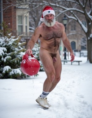 La Navidad. Papá Noel es un hombre de 40 años, atleta, está delgado y tiene músculos marcados y definidos, es muy varonil, tiene barba blanca abundante. Solo tiene el gorro de papá Noel porque está totalmente desnudo enseñando su musculatura de atleta y bronceada, tiene mucho vello blanco que cubre sus músculos pectorales y el abdomen y también en sus piernas. Tiene sandalias blancas en sus pies. Barba abundante blanca de papá Noel. Es el Papá Noel del año 2025, con mucha alegría y mucho sexo gay. Aspecto muy masculino salvaje. Pene erecto de 20cm de longitud y 8cm de diámetro. Abundante vello blanco por todo el cuerpo. Está saltando sobre la nieve mientras nieva y su gran pene erecto de 22 cm de longitud y 9 cm de diámetro se llena de nieve. Está masturbando su pene con la mano derecha.