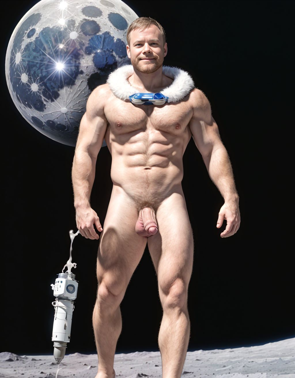 Neil Armstrong desnudo totalmente desnudo. La luz ilumina su cara y todo el cuerpo. Tiene el pecho con vello y brazos con vello. Está totalmente desnudo de pie y pisando el suelo Lunar. Está musculoso. Tiene pene grande erecto. Tiene testículos grandes. Tiene mucho vello y pelo. Foto muy realista texturas 8k. 