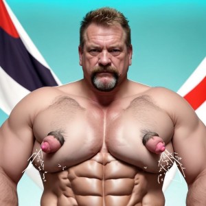 Serie pezones. Un hombre con cara de hombre fuerte y muy musculoso, Rubio, nos presenta unos grandes pechos con pezones con forma de pene, que eyaculan abundantemente, el fondo es una bandera de un país indeterminado