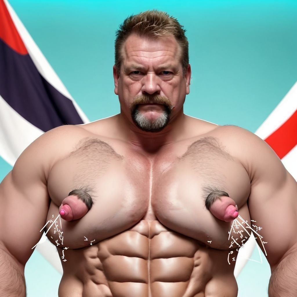 Hombre musculoso de torso desnudo mirando de frente con expresión seria, pelo corto castaño y barba tipo perilla, sobre un fondo turquesa con formas curvas rojas, blancas y oscuras que recuerdan a una bandera estilizada. Su cuerpo aparece exageradamente hipertrofiado, con hombros enormes, pectorales voluminosos y abdominales muy marcados, dando un aspecto de culturista hiperrealista o imagen generada por IA. En el pecho destacan dos pezones transformados de forma explícita en pequeños penes rosados que sobresalen de las areolas, un detalle surrealista y sexualizado acompañado de trazos blancos decorativos alrededor. La composición centra toda la atención en el físico masculino, la musculatura extrema y la anatomía alterada.