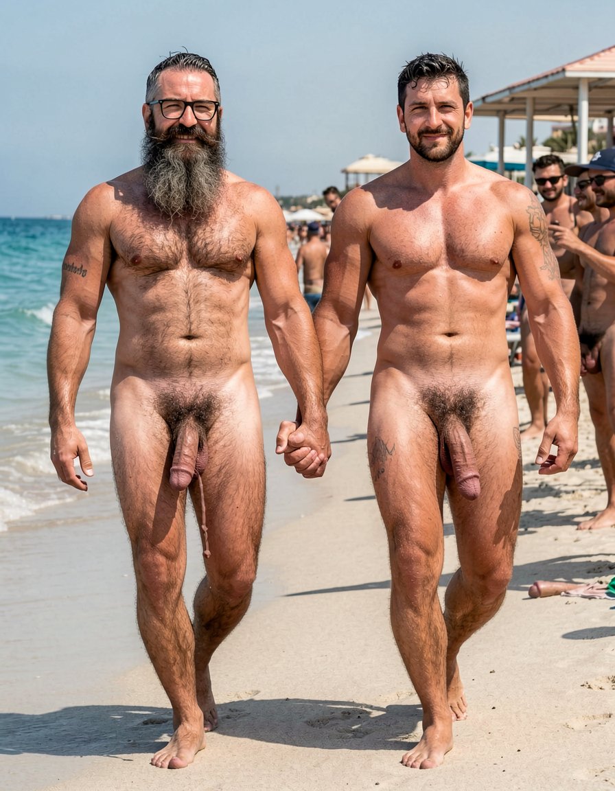 Photorealistic ultra-detailed cinematic midday shot at El Playazo nudist beach in Vera Playa, Almería. Hipsterbarba and Ferran walking side by side on the hot sand right along the shoreline, both completely naked, holding hands firmly with fingers interlaced. Hipsterbarba is 40 years old, 180cm, 80kg, 8% body fat, zero belly, extremely dry shredded six-pack with deep linea alba, dense black chest hair, thick dark trail from navel to heavy bush, powerful vascular shoulders and arms, strong hairy quads with fully defined vastus, hamstrings, adductors and calves, high fade undercut haircut, extremely long thick well-groomed Bandholz beard reaching almost to his navel and swaying with each step, big mustache with long curled spiral tips, black hipster glasses, small black tattoo “hipsterbarba” on right bicep. His thick heavy veiny cock swings heavily between his legs with every step, fat glans partially visible under foreskin, heavy low-hanging hairy balls bouncing slightly, still dripping thick precum that leaves a thin trail on the sand. His long beard is wet and sticky.

Ferran walks right beside him, 28 years old, extreme competition shape at 5% body fat, massive rounded pecs, carved eight-pack, narrow waist, huge veiny arms, short dark stubble, polished high fade, small “hipster barba” tattoo on bicep. His long thick cock is still half-hard and swings heavily, shiny with precum, heavy balls tight. Their hands are clasped tightly, arms swinging slightly as they walk confidently down the beach.

Harsh Mediterranean sun creates strong highlights on every carved muscle, vein, wet black body hair, individual beard strands, swinging cocks and balls. Turquoise sea gently lapping at their feet, chiringuito El Pirata visible in the background with other naked muscular men watching them walk hand in hand, some smiling, some already stroking their own hard cocks. Hyperrealistic skin texture, realistic sand and water movement, sharp focus, raw explicit male scene, cinematic midday lighting.