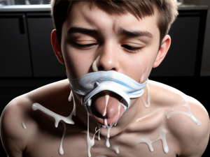 Joven amordazado y lleno de semen