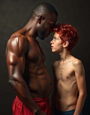 Hombre negro musculoso de 50 años con torso desnudo y pantalones bajados, mostrando su erección, mientras un chico jovencito de 20 años con cabello rubio y ojos azules, de piel suave y tersa, se arrodilla frente a él con la boca abierta, listo para recibir su pene en una postura sumisa y sensual, en un ambiente íntimo y sensual con luces suaves y sombras que realzan la musculatura del hombre negro y la juventud del chico, con un enfoque en la textura de la piel y el brillo de los cuerpos, en un estilo hiperrealista con detalles de alta calidad.