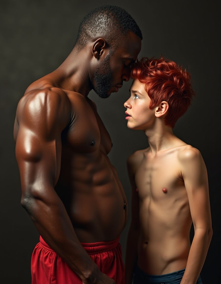 Hombre negro musculoso de 50 años con torso desnudo y pantalones bajados, mostrando su erección, mientras un chico jovencito de 20 años con cabello rubio y ojos azules, de piel suave y tersa, se arrodilla frente a él con la boca abierta, listo para recibir su pene en una postura sumisa y sensual, en un ambiente íntimo y sensual con luces suaves y sombras que realzan la musculatura del hombre negro y la juventud del chico, con un enfoque en la textura de la piel y el brillo de los cuerpos, en un estilo hiperrealista con detalles de alta calidad.