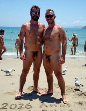 Día de Año Nuevo 2026. Dos hombres llamados Juan y Pedro, tienen los pies descalzos pero están totalmente desnudos. 

Juan es un hombre de 50 años de edad, muy atlético y tiene sus músculos muy definidos y es muy peludo, está totalmente desnudo, tiene un pene largo erecto de 36 cm de longitud y 9 cm de diámetro, tiene cabello negro largo ondulado y desordenado, tiene mucho vello pectoral, tiene piernas masculinas con abundante vello, tiene brazos peludos,  su cara tiene forma cuadrada tiene mentón prominente con hoyuelo muy pronunciado y muy masculino, su barba está bien afeitada y su cara está muy limpia resaltando sus facciones masculinas. 

Pedro es un hombre de 58 años de edad con músculos marcados sin grasa, está totalmente desnudo, tiene un pene largo de 39 cm de longitud y 9 cm de diámetro, tiene cabello pelirrojo rizado abundante y largo de color rojo, tiene abundante vello pelirrojo pectoral de color rojo oscuro en abundancia, tiene piernas masculinas con mucho vello, tiene brazos peludos y muy masculinos. Pedro tiene presencia atlética y es muy peludo, mucho pelo por todo su cuerpo. 

Pedro está con el esfínter del culo abierto. Juan mete su pene por el esfínter del culo de Pedro ((Imagen de alta definición, imagen calidad 4K, UHD)). Dentro del culo de Pedro está a medio meter el pene de Juan. ((Juan tiene su pene dentro del culo de Pedro)). Sexo anal duro y apasionado. Pedro está con el esfínter del culo abierto. Juan mete su pene por el esfínter del culo de Pedro ((Imagen de alta definición, imagen calidad 4K, UHD)). Dentro del culo de Pedro está a medio meter el pene de Juan. Juan tiene su pene dentro del culo de Pedro. Sexo anal duro y apasionado. ((Penetración)) penes erectos. 

Pedro y Juan enseñan sus músculos muy marcados y bien definidos, están de pie sobre la arena de la playa con olas azules y con el Sol reflejándose sobre el agua del mar mientras vuelan dos gaviotas. En la arena de la playa está trazado el texto: 