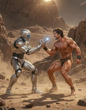 Un robot de titanio con con forma humana y un humano desnudo con el pene erecto, ambos con cuerpos hiper musculosos y definidos, luchan intensamente en el suelo polvoriento de un planeta extraño, sus cuerpos desnudos brillan bajo la luz tenue del sol alienígena. Sus músculos se tensan y se flexionan a medida que se golpean y se empujan, sus penes erectos y metálicos se destacan en la escena