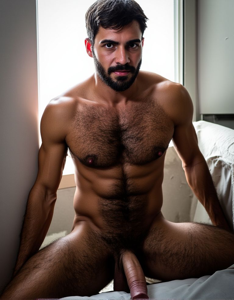 Hombre musculoso y velludo, torero español de 50 años, con un torso musculoso, tiene un pene hermoso perfecto y muy grande y perfecto, tiene mucho vello púbico denso y moreno, piel bronceada y sudorosa, iluminado con mucha luz blanca y clara que resalta la textura de su vello corporal y la musculatura de su cuerpo.

Su rostro muestra signos de necesidad de sexo y placer sexual y tiene una expresión ansiedad por sexo. Tiene una barba incipiente, mientras su cabello castaño oscuro está despeinado y sudoroso, con gotas de sudor que resbalan por su frente y mejillas. Su torso muy musculoso muestra la definición y gran tamaño de sus abdominales y pectorales, con un vello corporal denso que se extiende desde su pecho hasta sus piernas, pasando por sus brazos y espalda.
Se ve todo el cuerpo, desde su cabeza hasta sus pies.
En la parte inferior de su cuerpo, su pene perfecto y muy grande es el centro de atención, rodeado de un denso vello púbico moreno y dos testículos grandes y perfectamente formados que cuelgan debajo. Su piel es morena y bronceada, con un brillo de sudor que se refleja con la luz, y sus músculos están bien definidos, con venas prominentes que se vislumbran bajo su piel.

La escena está iluminada con una luz blanca y muy clara que proviene de una ventana cercana, lo que crea un ambiente sensual con sombras que resaltan la musculatura y el vello corporal del hombre.
