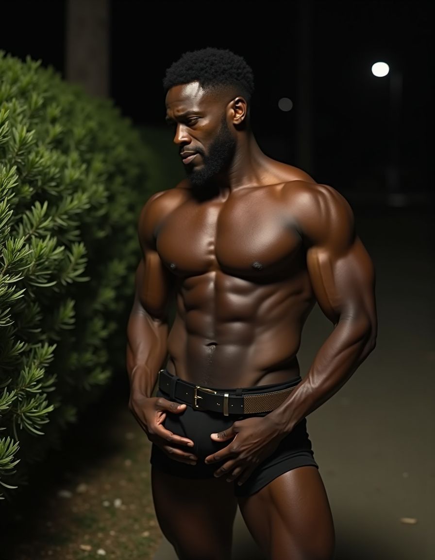 Hombre negro musculoso de 40 años, torso desnudo, músculos definidos, piel oscura brillante de sudor, penetrando por detrás a un hombre blanco en posición de perro en un parque nocturno, entre arbustos, iluminación tenue de farolas, expresión dominante y salvaje, músculos del cuello marcados por el esfuerzo, manos grandes agarrando las caderas, escena nocturna al aire libre.

---

