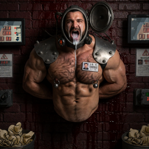 An extremely muscular and half-naked man appears restrained against a dark brick wall, with his arms immobilized behind his back and his torso covered in hair, showing very defined abs and pectorals. He wears a metallic hood or mask around his head, armored shoulder pads with rivets, and several rings attached to his chest, as well as an identification card stuck on his pectoral. His mouth is open in a gesture of screaming or suffering as he expels a whitish liquid that falls down his chin and torso. The environment resembles an industrial room or torture laboratory, with control panels, screens with numbers, warning signs, and containers with gloves or medical material at the bottom.