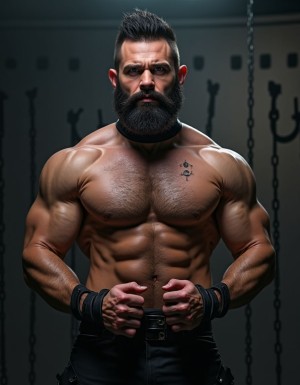 Austin Wolf, 40 años, 1.88m de altura, musculoso, cuerpo extremadamente marcado y definido, pectorales grandes y cuadrados, abdominales six-pack profundos, brazos gruesos y venosos, hombros anchos, trapecios marcados, piel blanca bronceada, pelo negro corto con rapado a los lados estilo fade, barba negra densa perfectamente recortada cubriendo mandíbula cuadrada, ojos marrones oscuros con mirada penetrante desafiante, rasgos faciales masculinos y angulosos, nariz recta, cejas gruesas, vello corporal negro medio en pecho bajando por abdomen, tatuajes en brazos y torso, manos atadas detrás de la espalda con cuerdas gruesas negras, collar de cuero negro con argolla de metal plateado al cuello, torso desnudo brillante de sudor con marcas de latigazos cruzando la espalda y hombros, expresión de sumisión forzada pero con actitud alfa contenida, mandíbula apretada, músculos tensos y flexionados, piernas musculosas muslos mostrando pene grande pronunciado, tiene pene de 20 cm de longitud y 8 cm de diámetro. Tiene sandalias negras en los pies. Iluminación dramática cenital tipo mazmorra BDSM, cadenas y ganchos colgando del techo de fondo, ambiente oscuro con tonos grises y negros, fotografía hiperrealista 8K. Tiene zapatos de tacón alto de color negro en los pies. Sus pies están a la vista. Está muy contento de su cuerpo perfecto y levanta y flexiona los brazos para enseñar sus músculos bíceps. Está contento. Enseña sus pies. Salta de alegría 