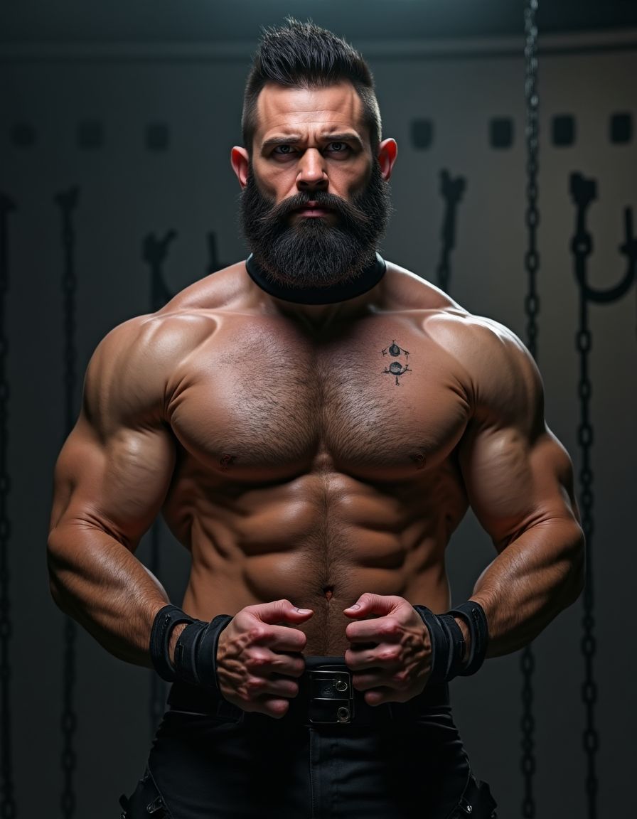 Austin Wolf, 40 años, 1.88m de altura, musculoso, cuerpo extremadamente marcado y definido, pectorales grandes y cuadrados, abdominales six-pack profundos, brazos gruesos y venosos, hombros anchos, trapecios marcados, piel blanca bronceada, pelo negro corto con rapado a los lados estilo fade, barba negra densa perfectamente recortada cubriendo mandíbula cuadrada, ojos marrones oscuros con mirada penetrante desafiante, rasgos faciales masculinos y angulosos, nariz recta, cejas gruesas, vello corporal negro medio en pecho bajando por abdomen, tatuajes en brazos y torso, manos atadas detrás de la espalda con cuerdas gruesas negras, collar de cuero negro con argolla de metal plateado al cuello, torso desnudo brillante de sudor con marcas de latigazos cruzando la espalda y hombros, expresión de sumisión forzada pero con actitud alfa contenida, mandíbula apretada, músculos tensos y flexionados, piernas musculosas muslos mostrando pene grande pronunciado, tiene pene de 20 cm de longitud y 8 cm de diámetro. Tiene sandalias negras en los pies. Iluminación dramática cenital tipo mazmorra BDSM, cadenas y ganchos colgando del techo de fondo, ambiente oscuro con tonos grises y negros, fotografía hiperrealista 8K. Tiene zapatos de tacón alto de color negro en los pies. Sus pies están a la vista. Está muy contento de su cuerpo perfecto y levanta y flexiona los brazos para enseñar sus músculos bíceps. Está contento. Enseña sus pies. Salta de alegría 