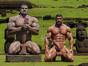 Jefe guerrero de los rapanui en un ritual ante el ídolo en piedra del dios de la virilidad, derramando su semen en señal de sometimiento y virilidad.