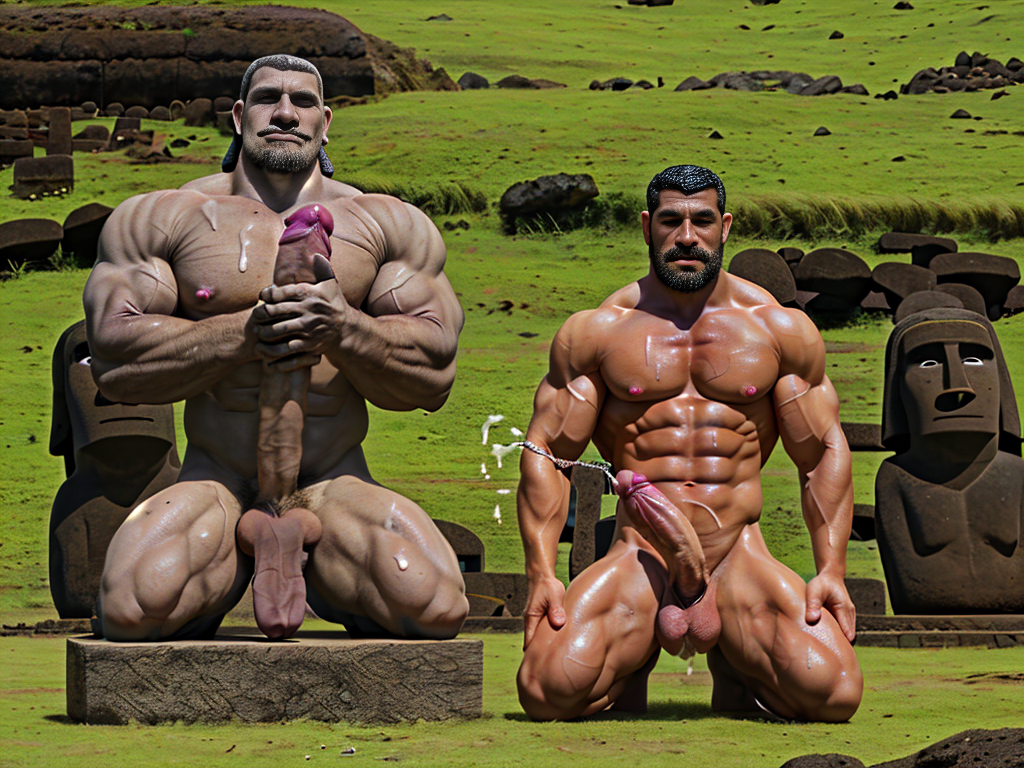 Jefe guerrero de los rapanui en un ritual ante el ídolo en piedra del dios de la virilidad, derramando su semen en señal de sometimiento y virilidad.