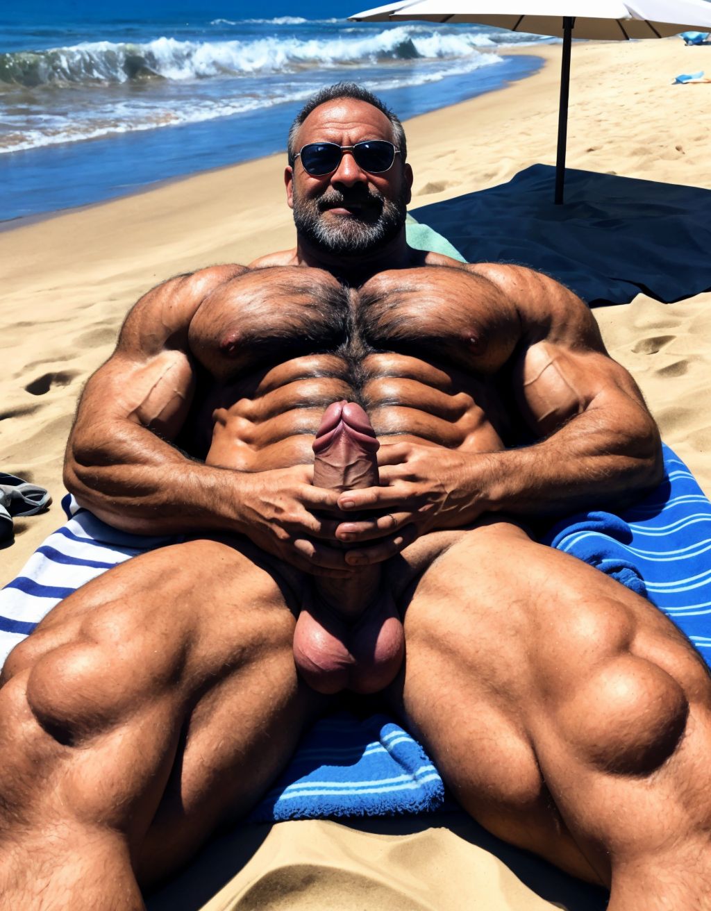 Fotografía panorámica 16:9 en ultra alta definición para imágenes 4K: dos hombres de 35 años de edad están tumbados sobre sus toallas en la playa, son delgados, tienen músculos muy definidos y fibrosos, están delgados, están totalmente desnudos con mucho vello por todo el cuerpo, sus testículos son hermosos y tienen mucho vello, cuerpos sudorosos y bronceados. Los dos tienen hermoso pene. Menean fuertemente sus penes con su mano derecha